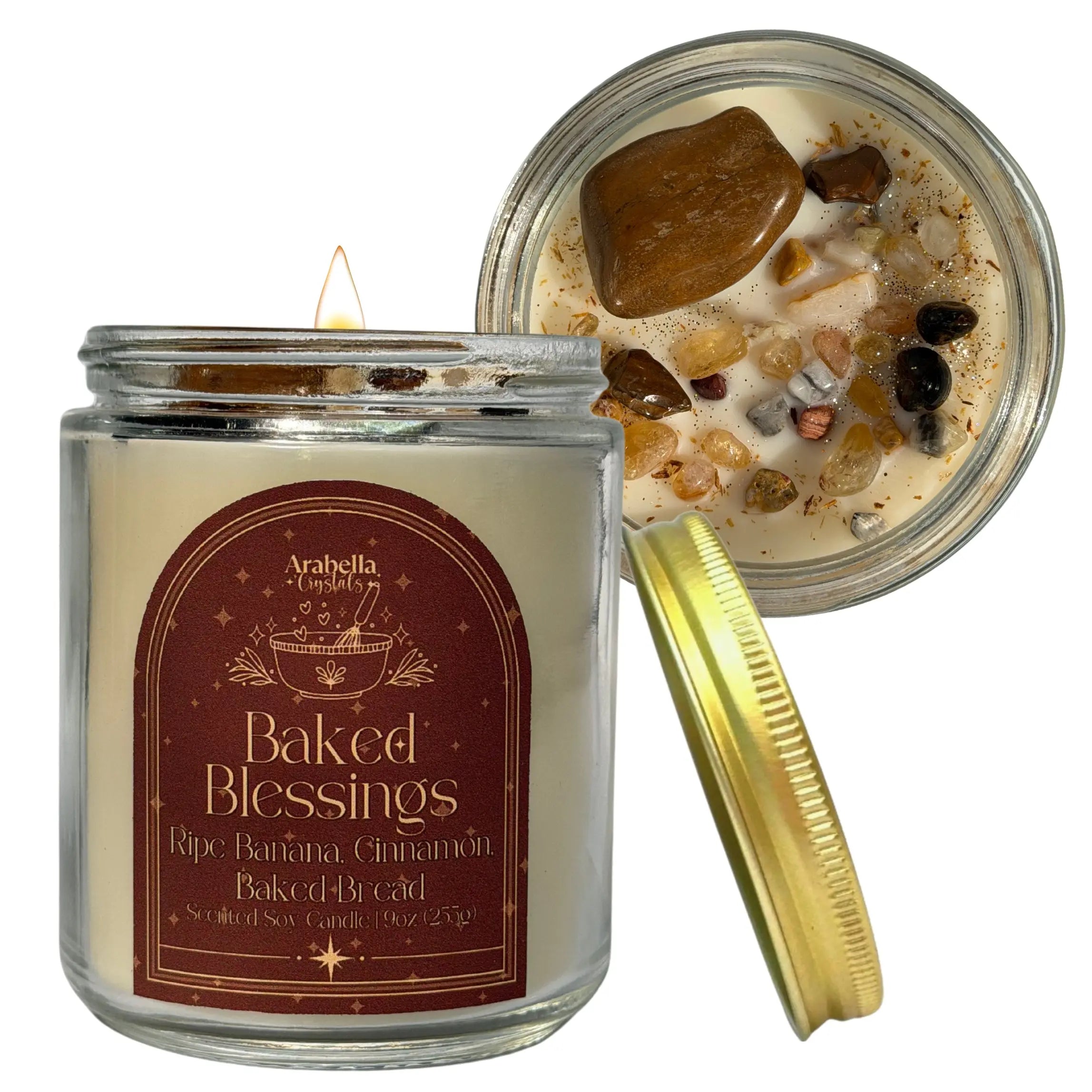 Baked Blessings Crystal Infused Soy Candle Notes of: Banana, Orange and Cardamom