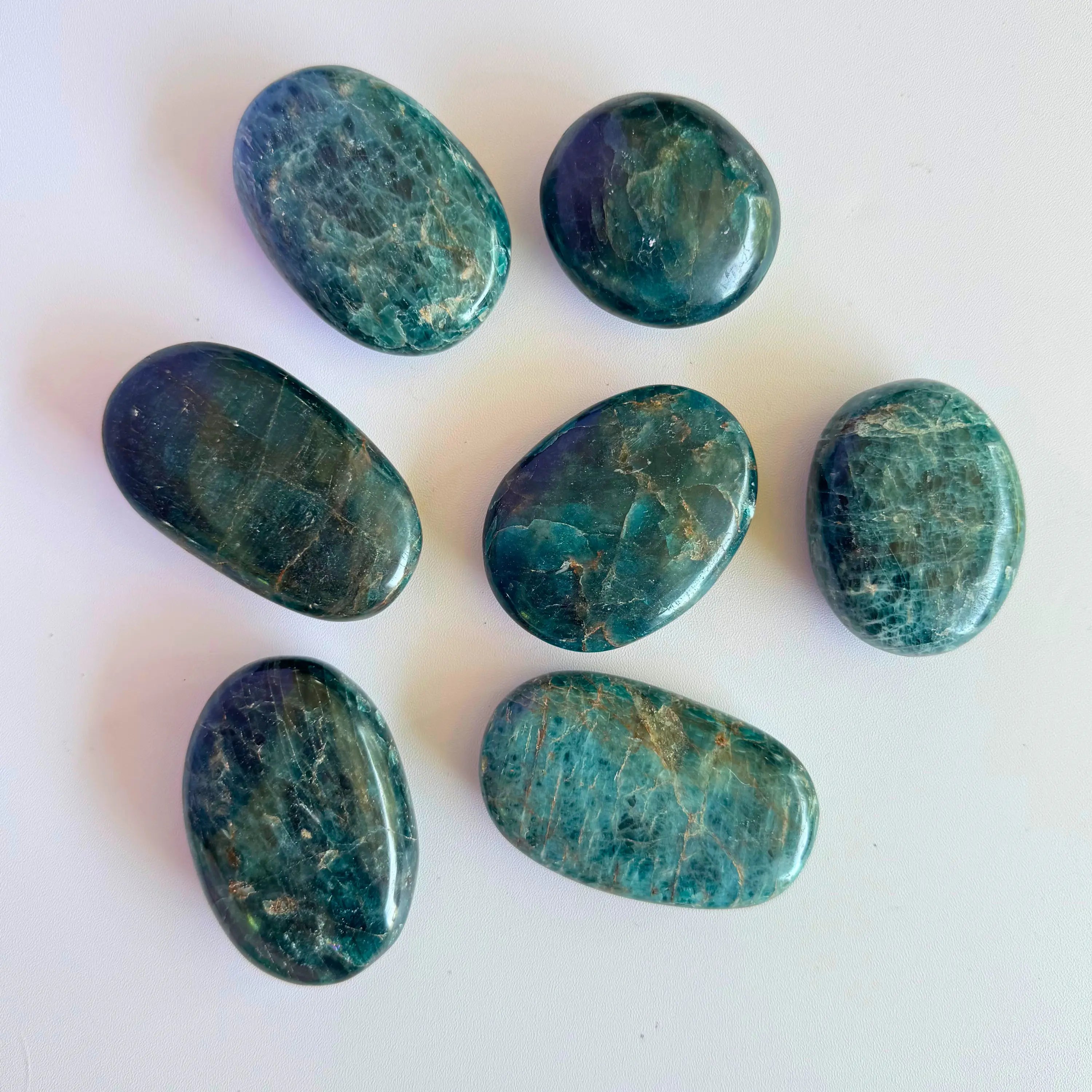Blue Apatite Palm Stones Arabella Crystals