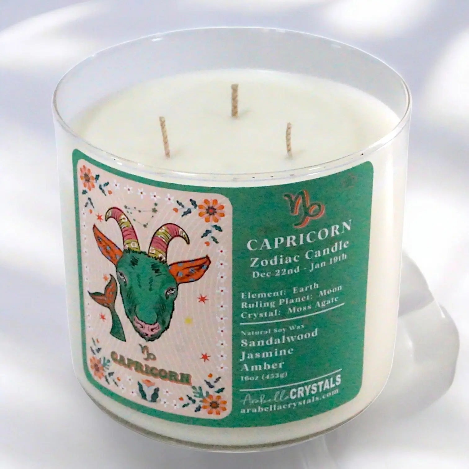 Capricorn 3-Wick Zodiac Candle Notes of: Sandalwood & Jasmine, Amber