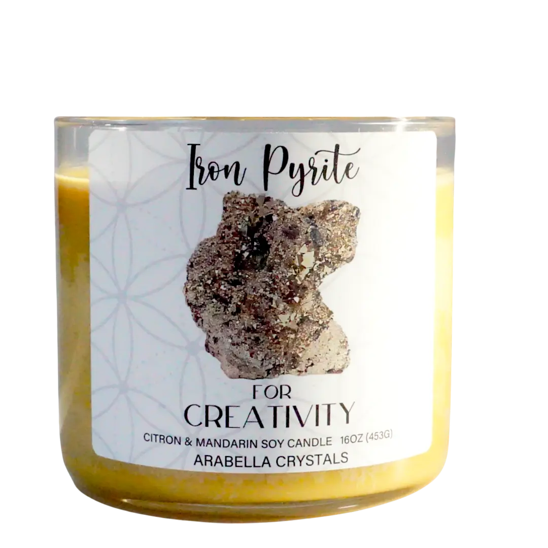 Iron Pyrite Crystal 3-wick Candle Notes of: Mandarin, Lemon & Peach