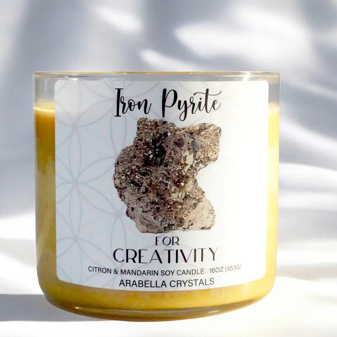 Iron Pyrite Crystal 3-wick Candle Notes of: Mandarin, Lemon & Peach