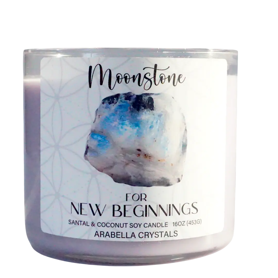 Moonstone Crystal 3-Wick Candle Notes of: Toasted Coconut, Sandalwood & Tonka Bean