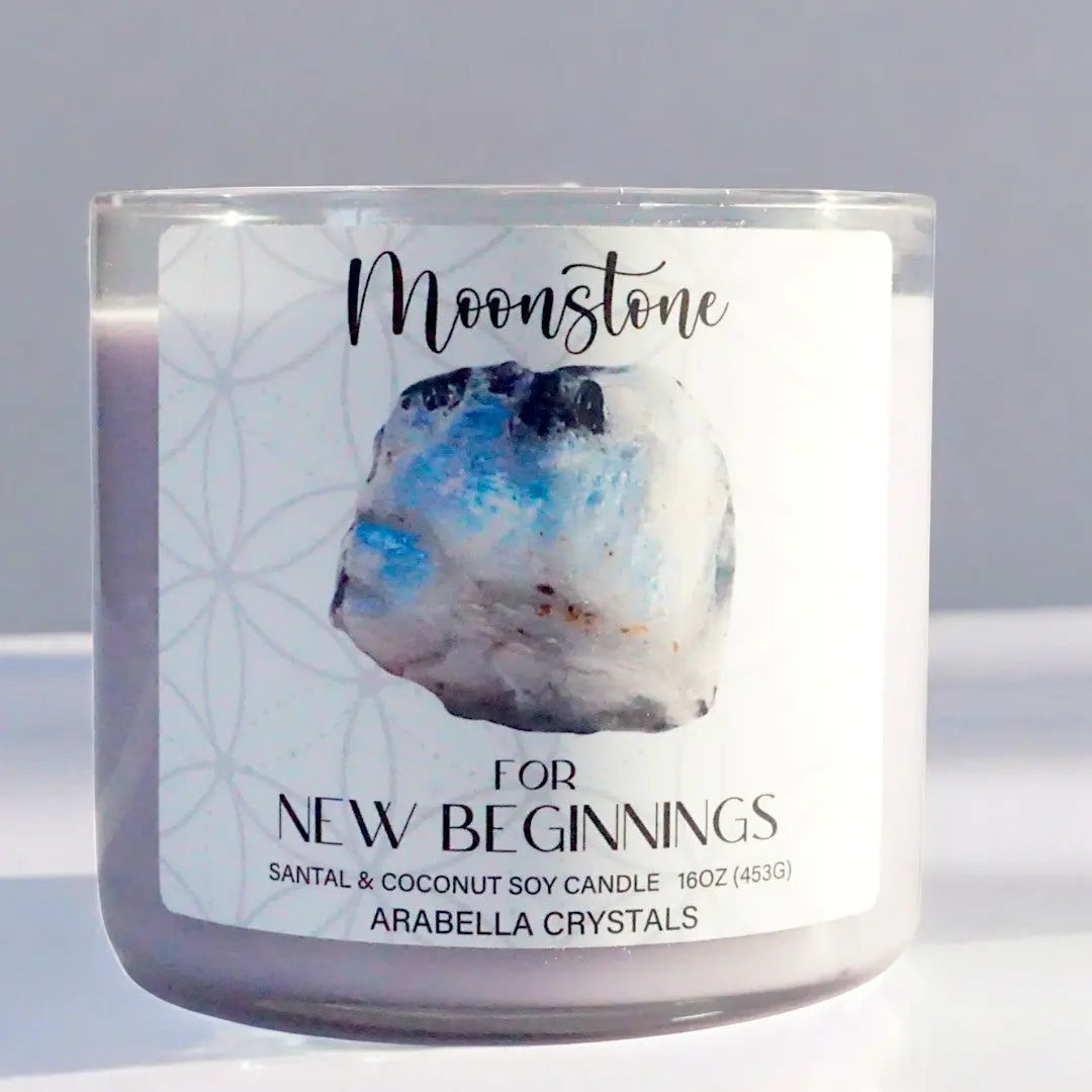 Moonstone Crystal 3-Wick Candle Notes of: Toasted Coconut, Sandalwood & Tonka Bean