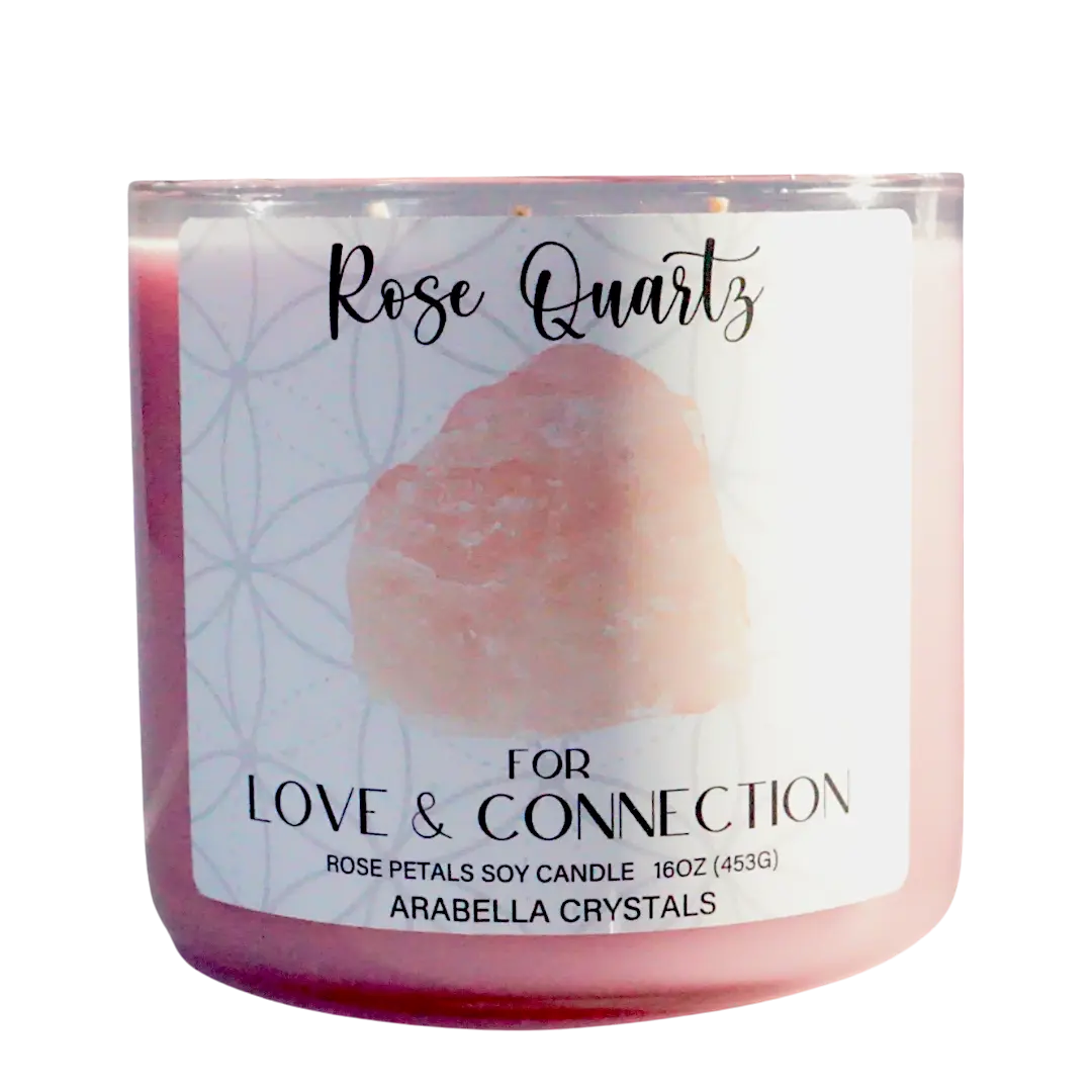 Rose Quartz Crystal 3-Wick Candle Notes of: Rose, Green Leaves & Carnation