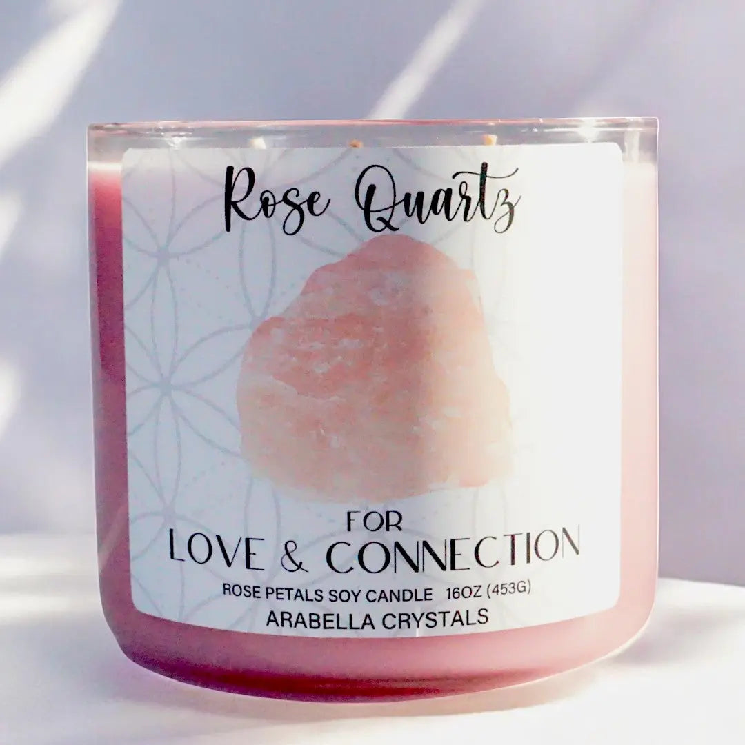 Rose Quartz Crystal 3-Wick Candle Notes of: Rose, Green Leaves & Carnation