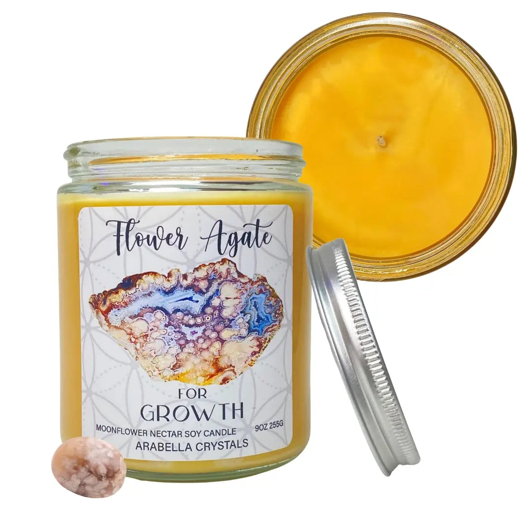 Flower Agate Crystal Candle Notes of: Moonflower, Rose & Dark Musk