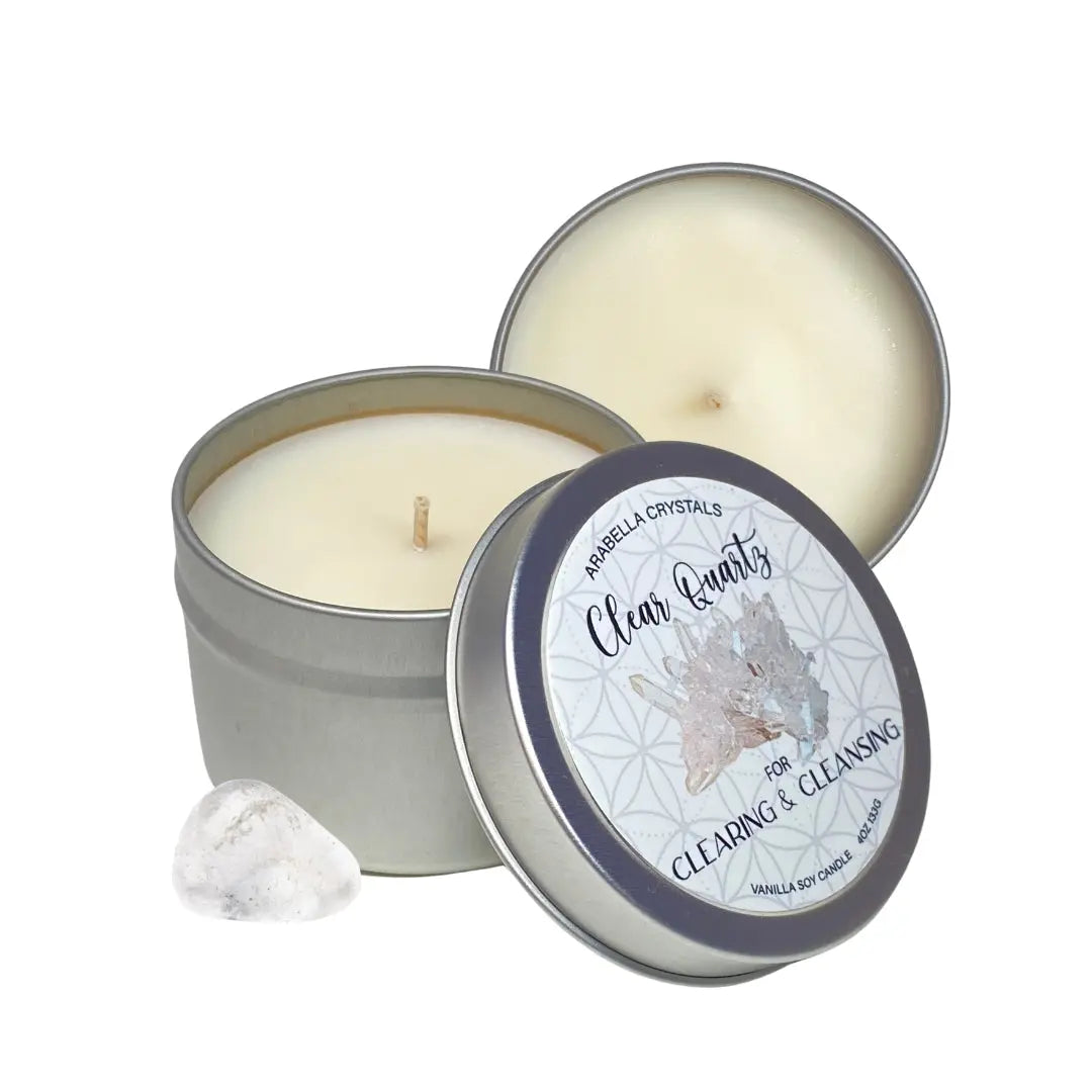 Clear Quartz Crystal Candle Tin Notes of: Buttercream, Vanilla & Sugar