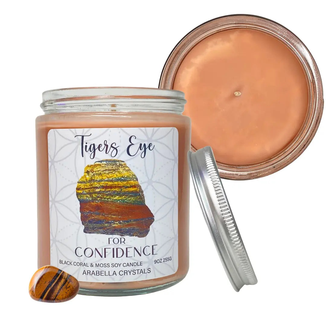Tigers Eye Crystal Candle Notes of: Camphor, Lavender & Cedar