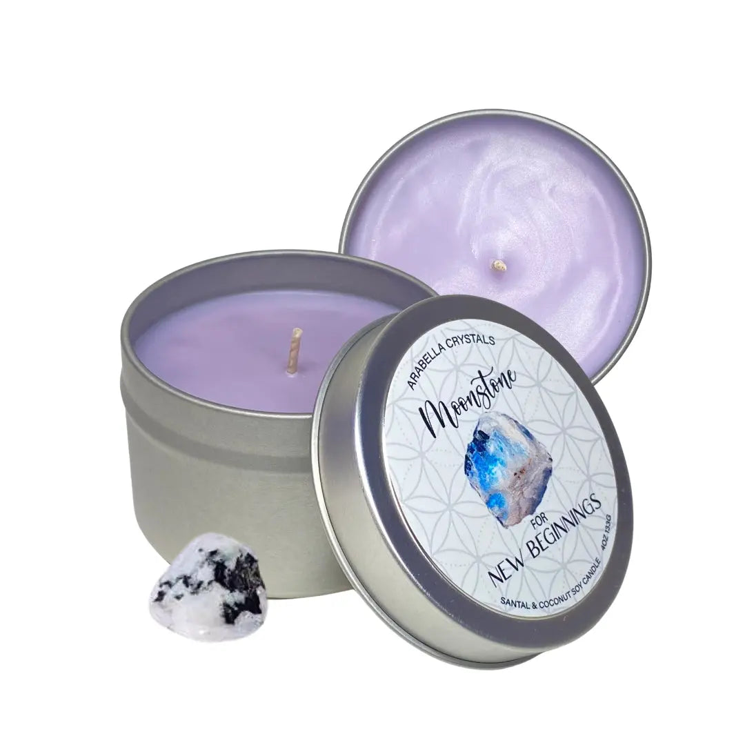 Moonstone Crystal Candle Tin Notes of: Toasted Coconut, Sandalwood & Tonka Bean
