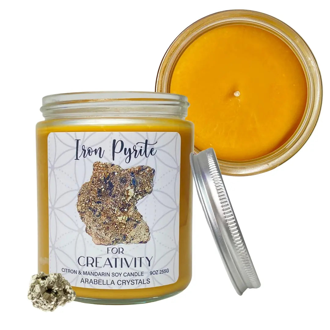 Iron Pyrite Crystal Candle Notes of: Mandarin, Lemon & Peach