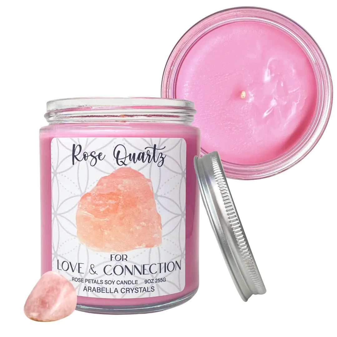 Rose Quartz Crystal Candle Notes of: Rose, Green Leaves & Carnation