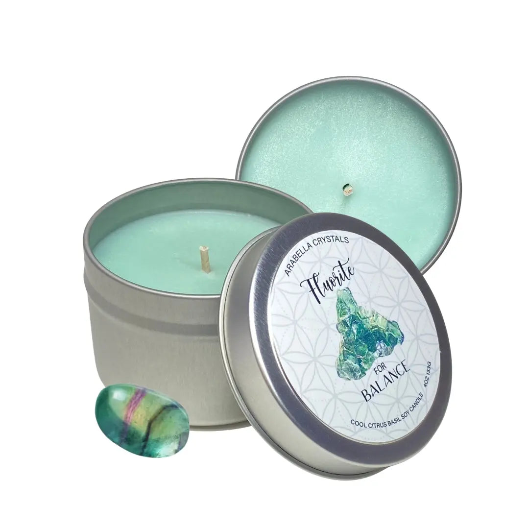 Fluorite Crystal Candle Tin Notes of: Citrus, Orange Peel & Basil