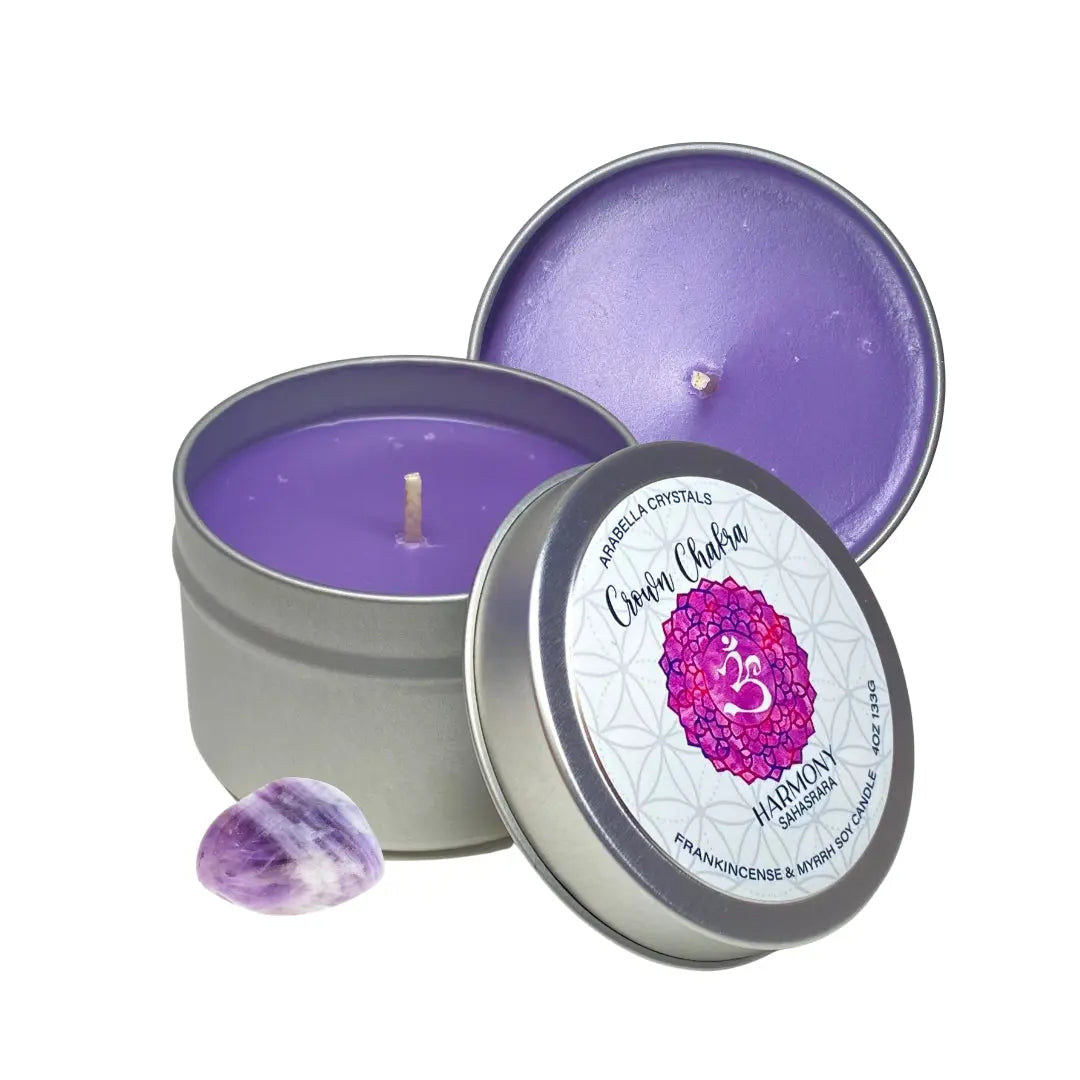 Crown Chakra Candle Tin Notes of: Frankincense, Myrrh & Amber