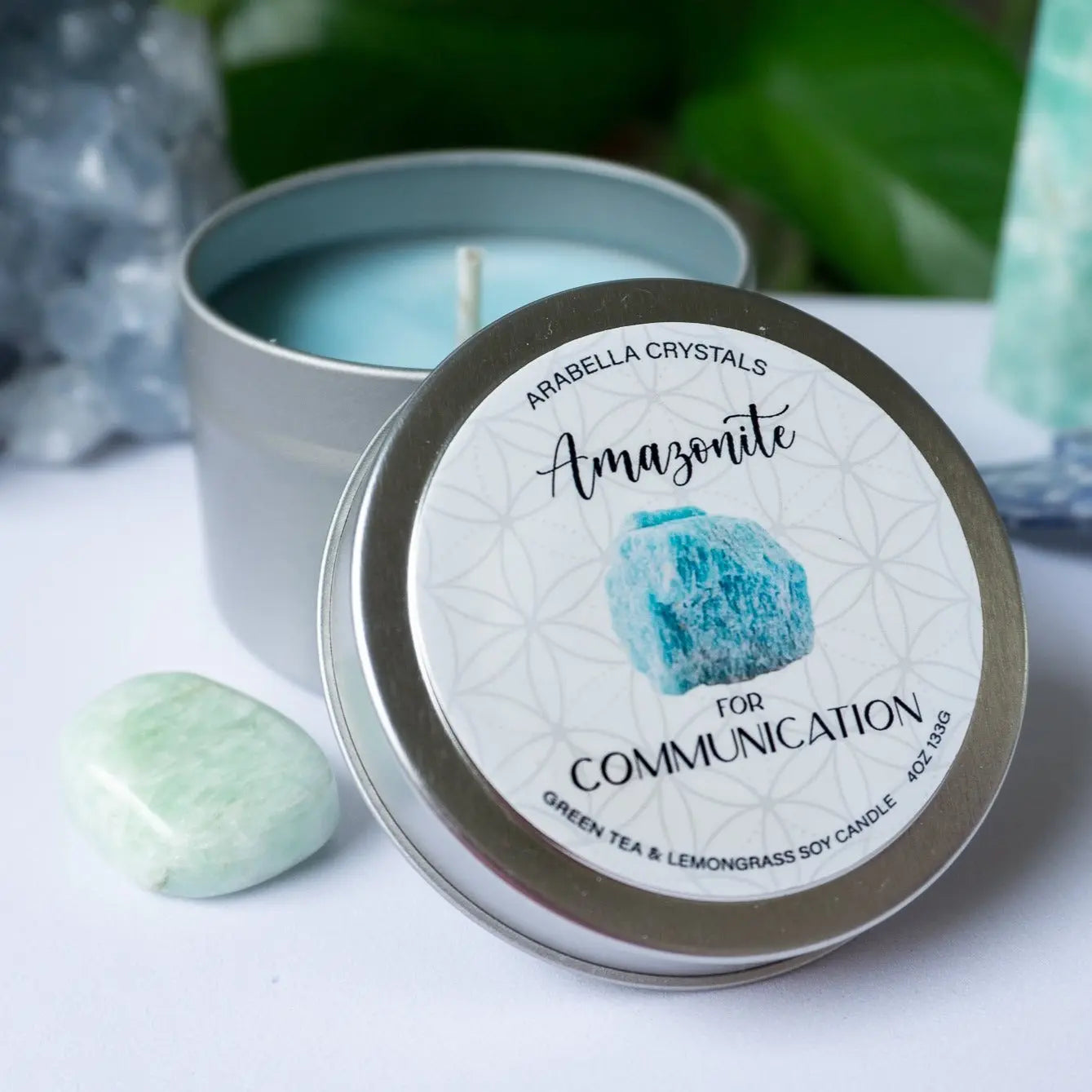 Amazonite Crystal Candle Tin Notes of: Lemongrass, Jasmine & Light Musk