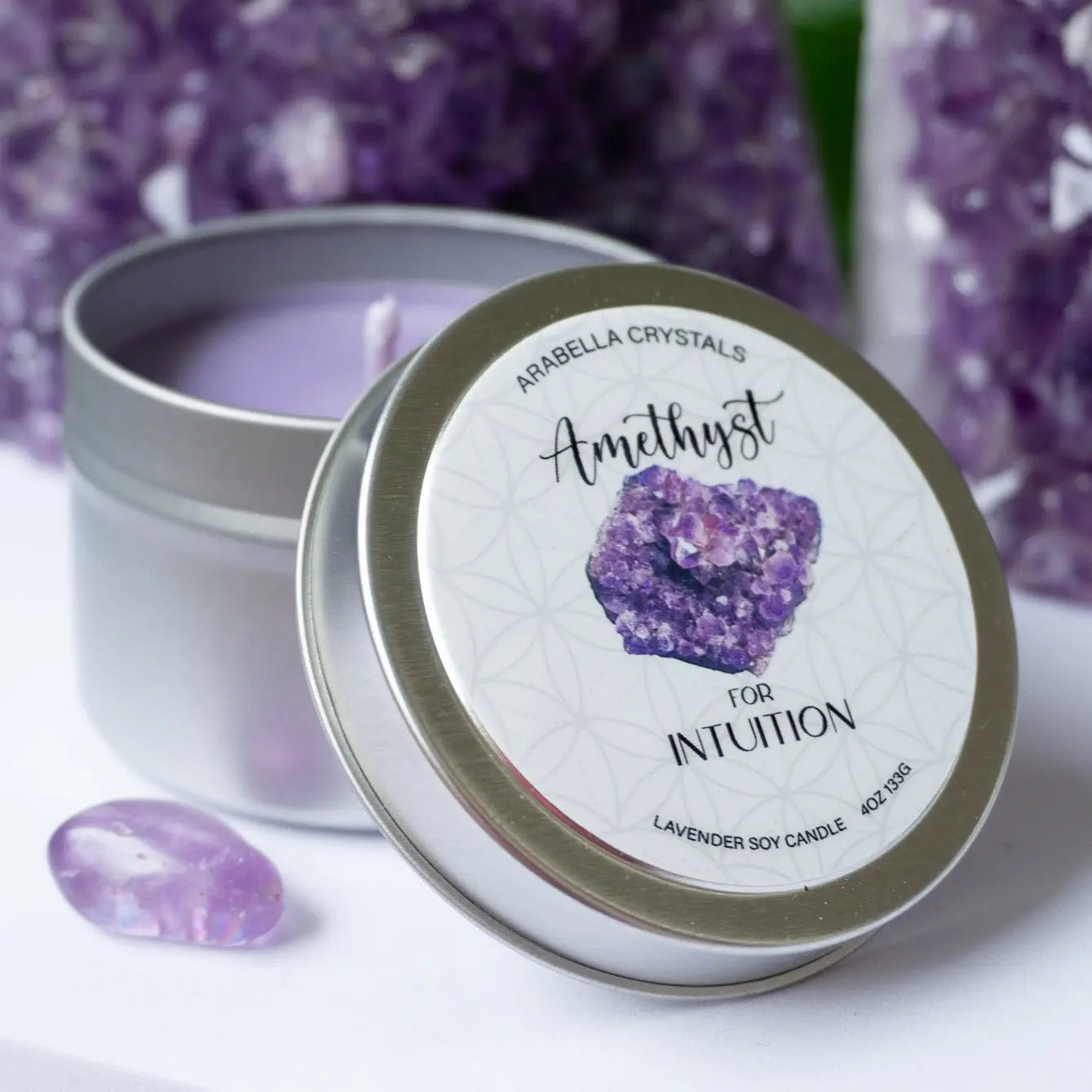 Amethyst Crystal Candle Tin Notes of: Lavender, Citrus & Cedar