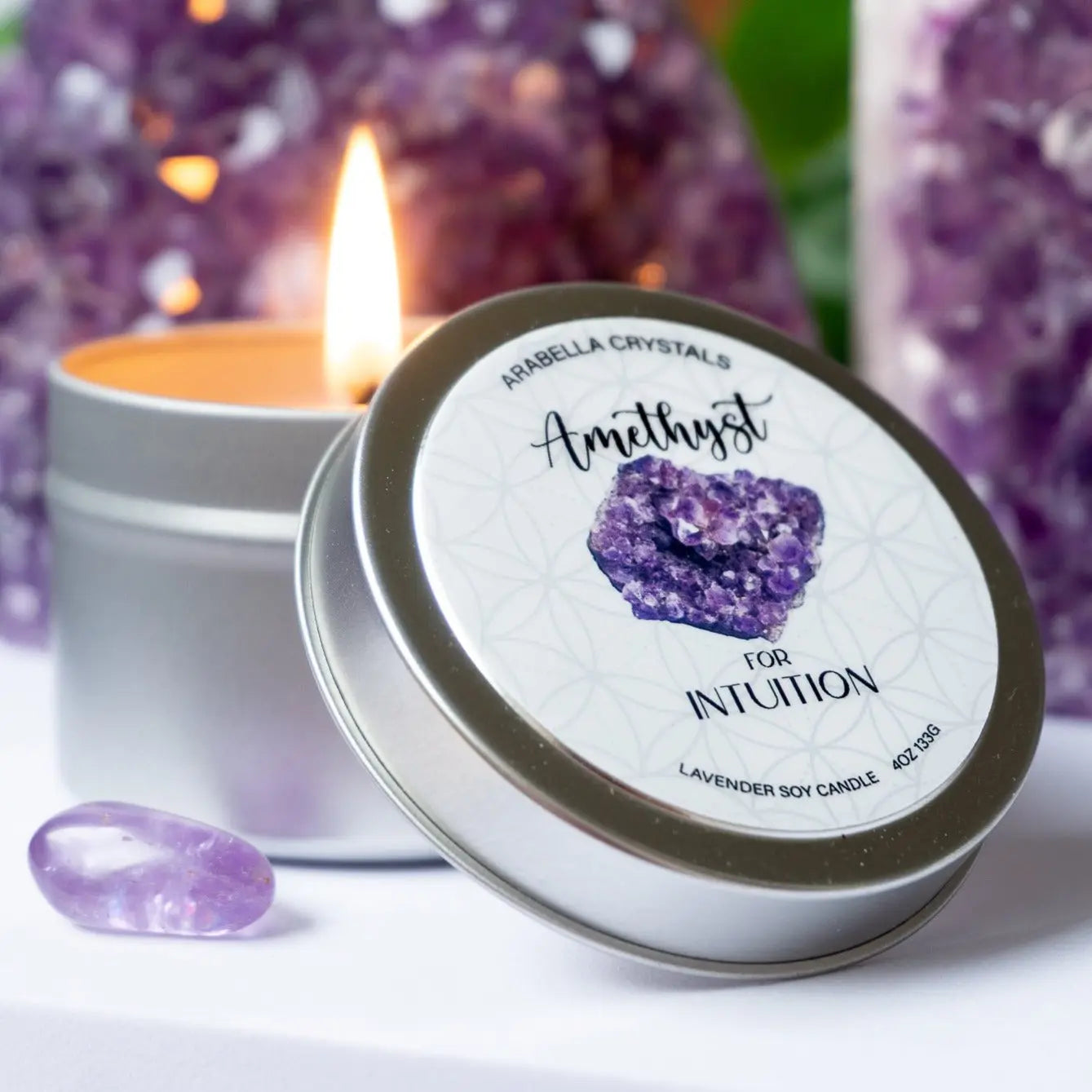 Amethyst Crystal Candle Tin Notes of: Lavender, Citrus & Cedar