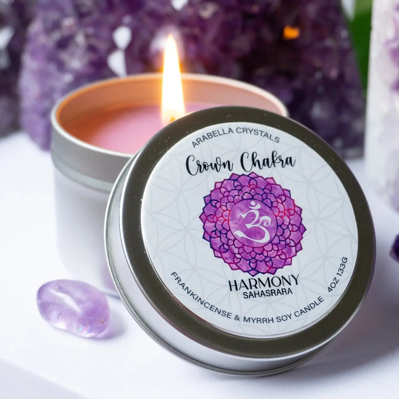 Crown Chakra Candle Tin Notes of: Frankincense, Myrrh & Amber