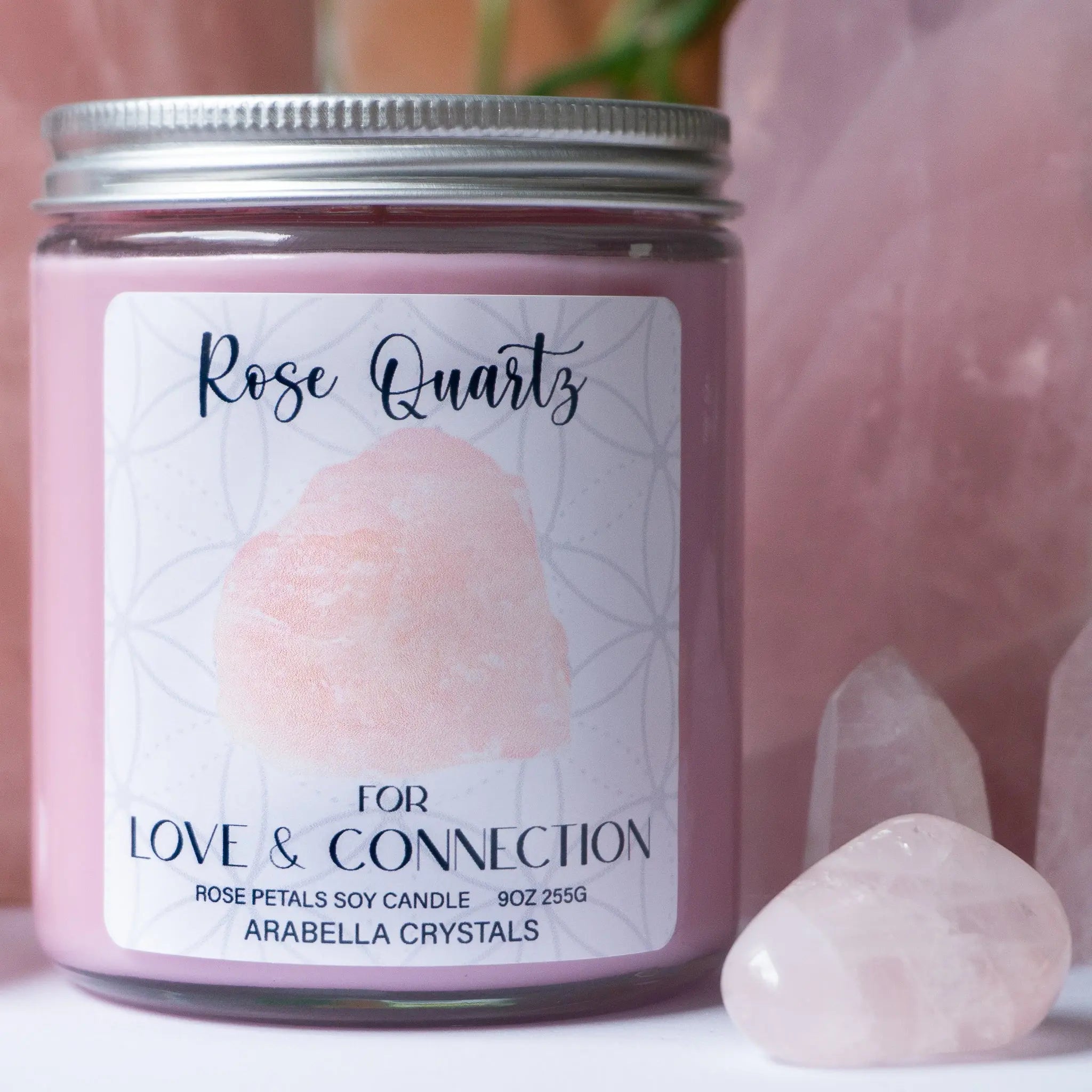 Rose Quartz Crystal Candle Notes of: Rose, Green Leaves & Carnation