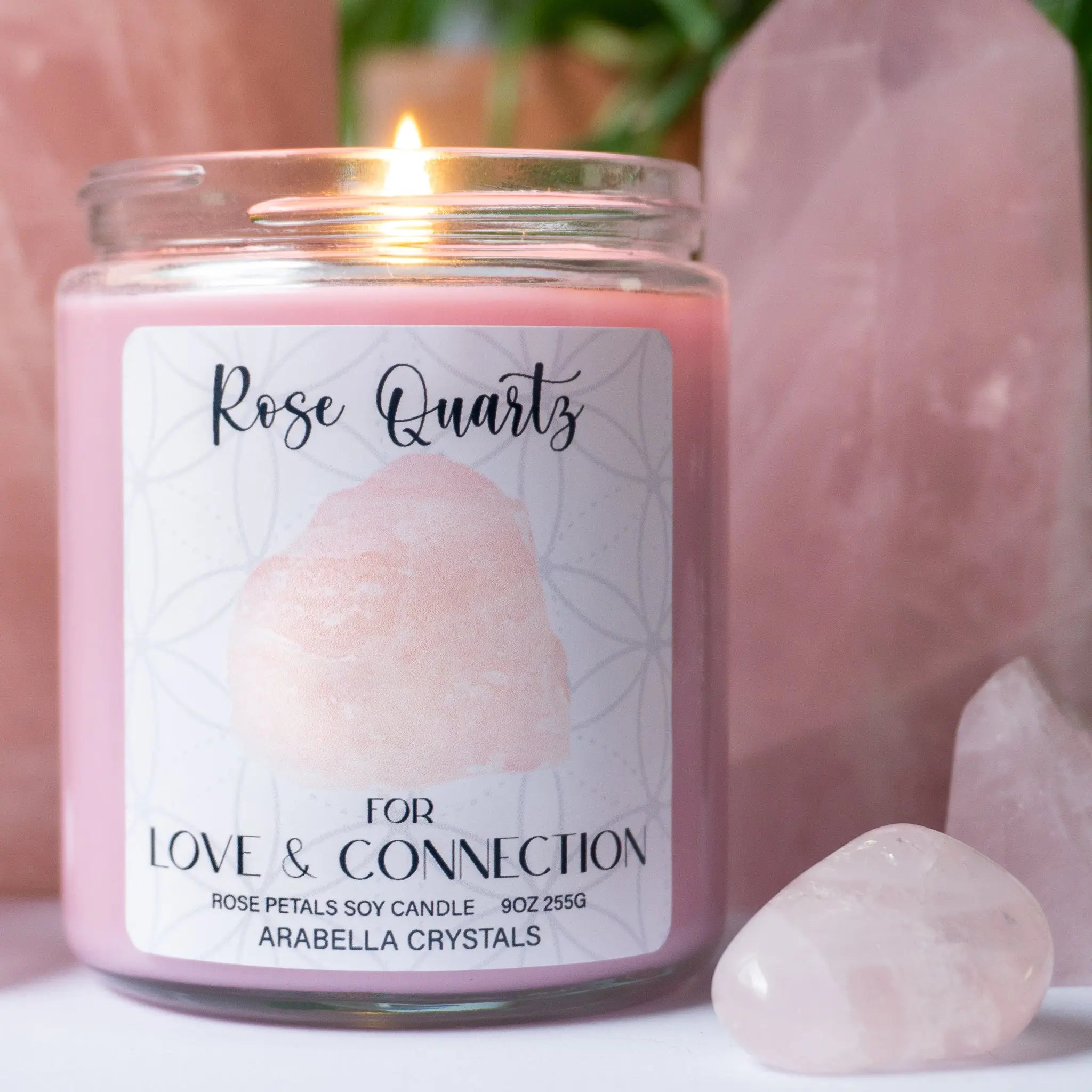Rose Quartz Crystal Candle Notes of: Rose, Green Leaves & Carnation