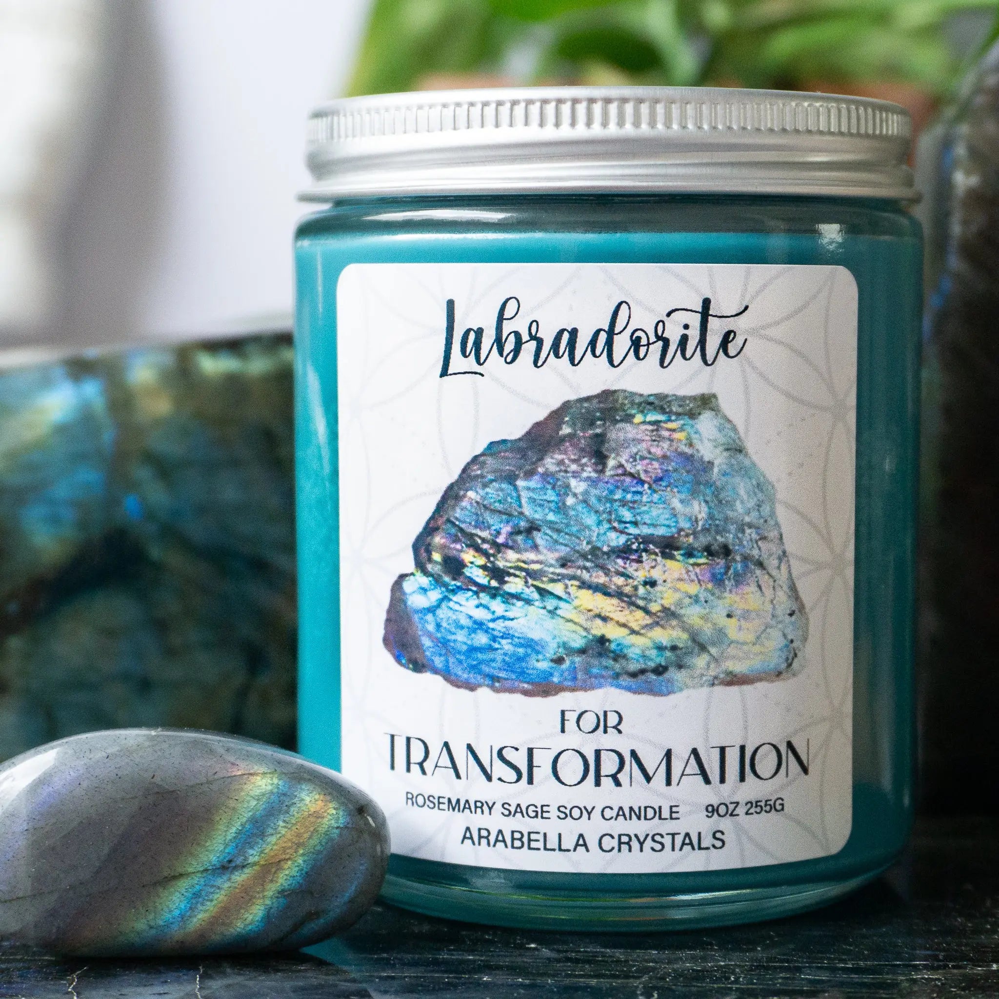 Labradorite Crystal Candle Notes of: Rosemary, Sage & Pine