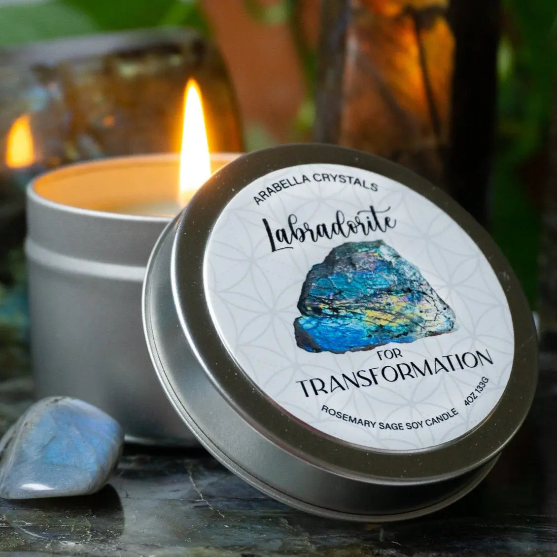 Labradorite Crystal Candle Tin Notes of: Rosemary, Sage & Pine