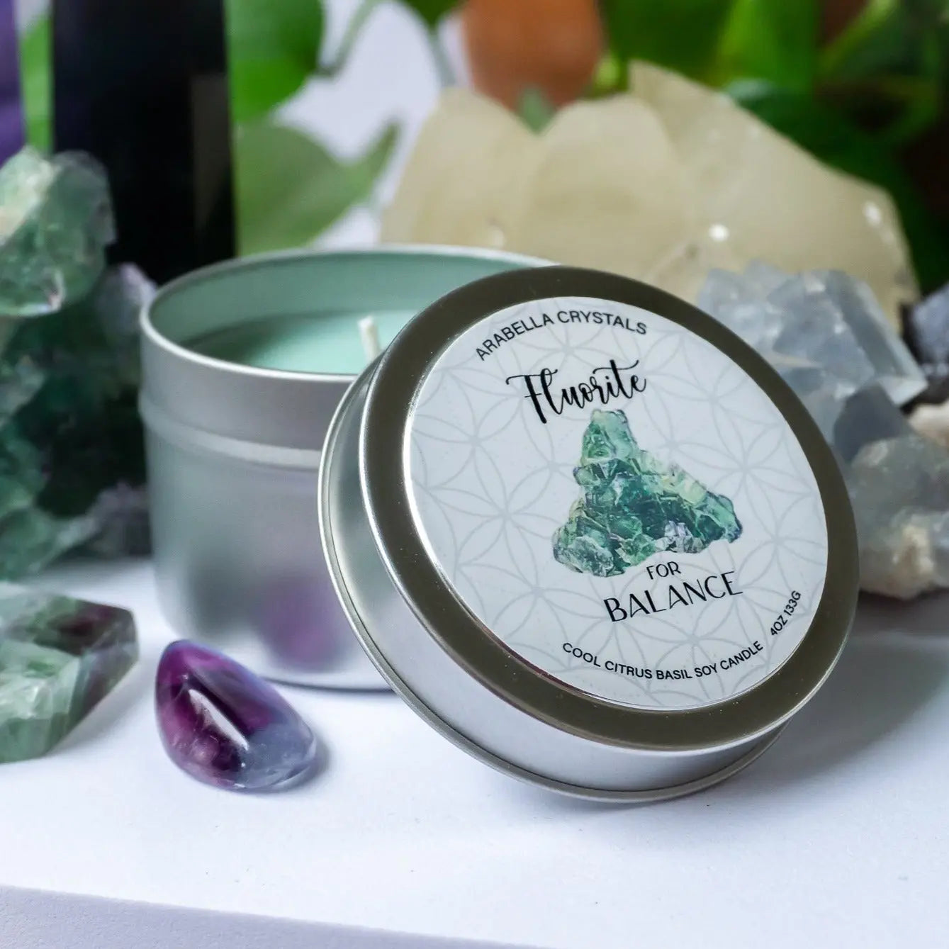 Fluorite Crystal Candle Tin Notes of: Citrus, Orange Peel & Basil