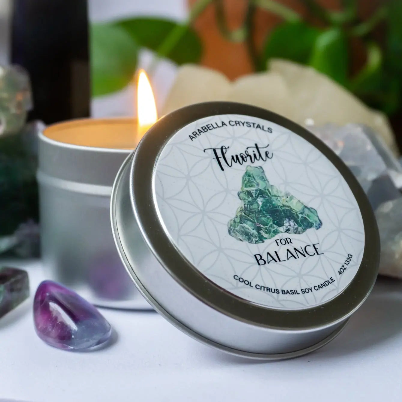 Fluorite Crystal Candle Tin Notes of: Citrus, Orange Peel & Basil