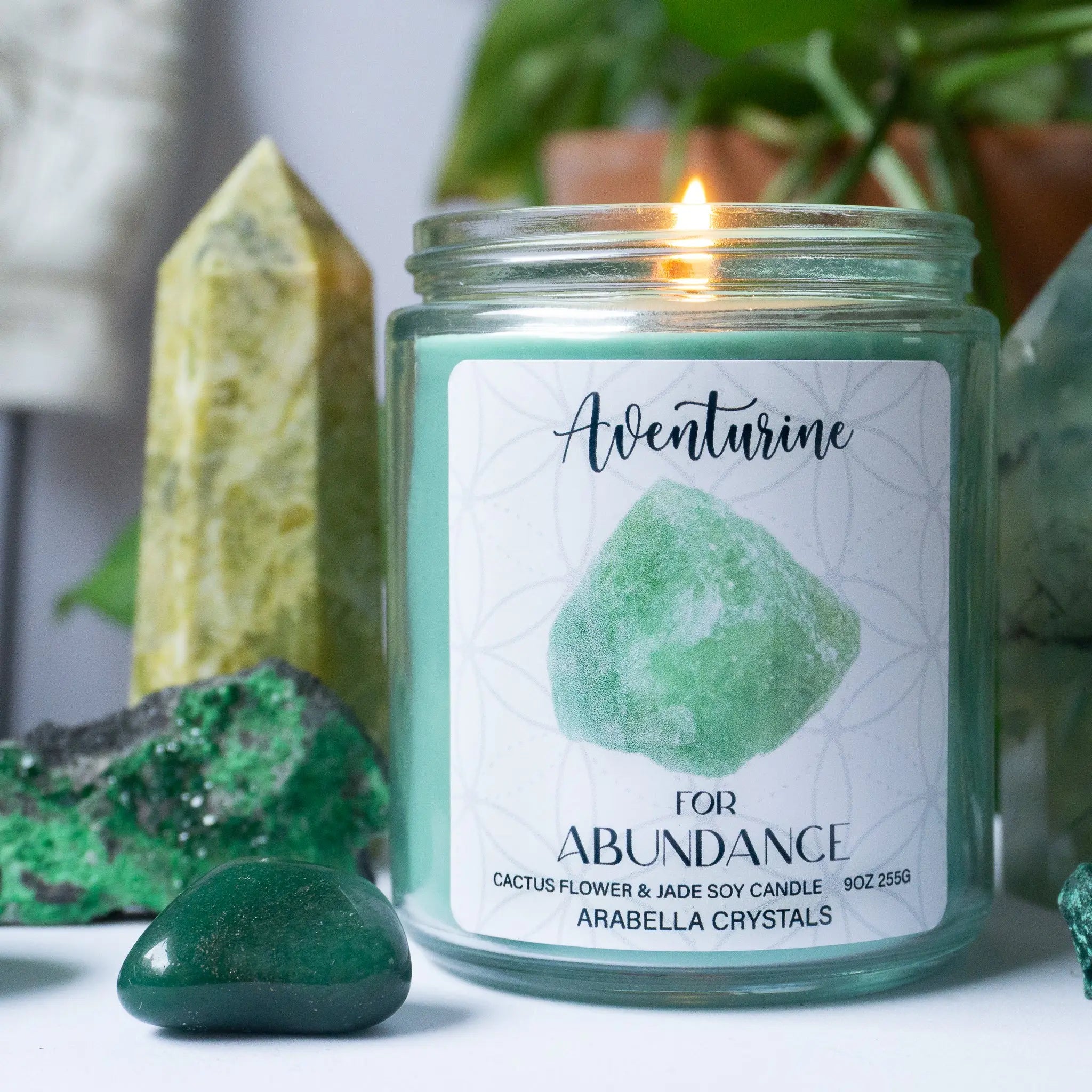 Aventurine Crystal Candle Notes of: Agave, Green Floral & Chrysanthemum
