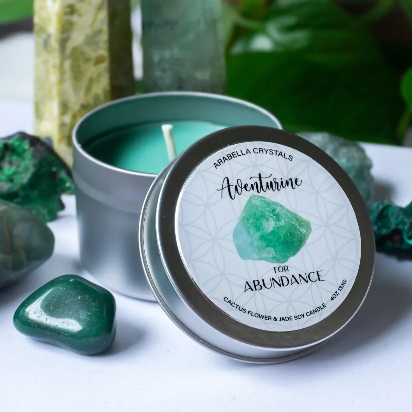 Aventurine Crystal Candle Tin Notes of: Agave, Green Floral & Chrysanthemum