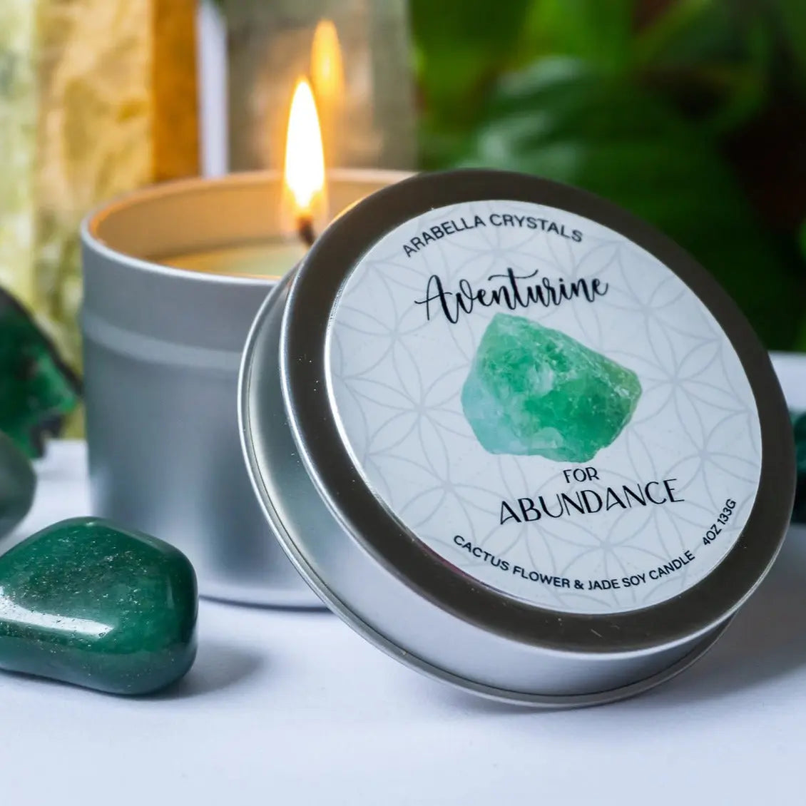 Aventurine Crystal Candle Tin Notes of: Agave, Green Floral & Chrysanthemum