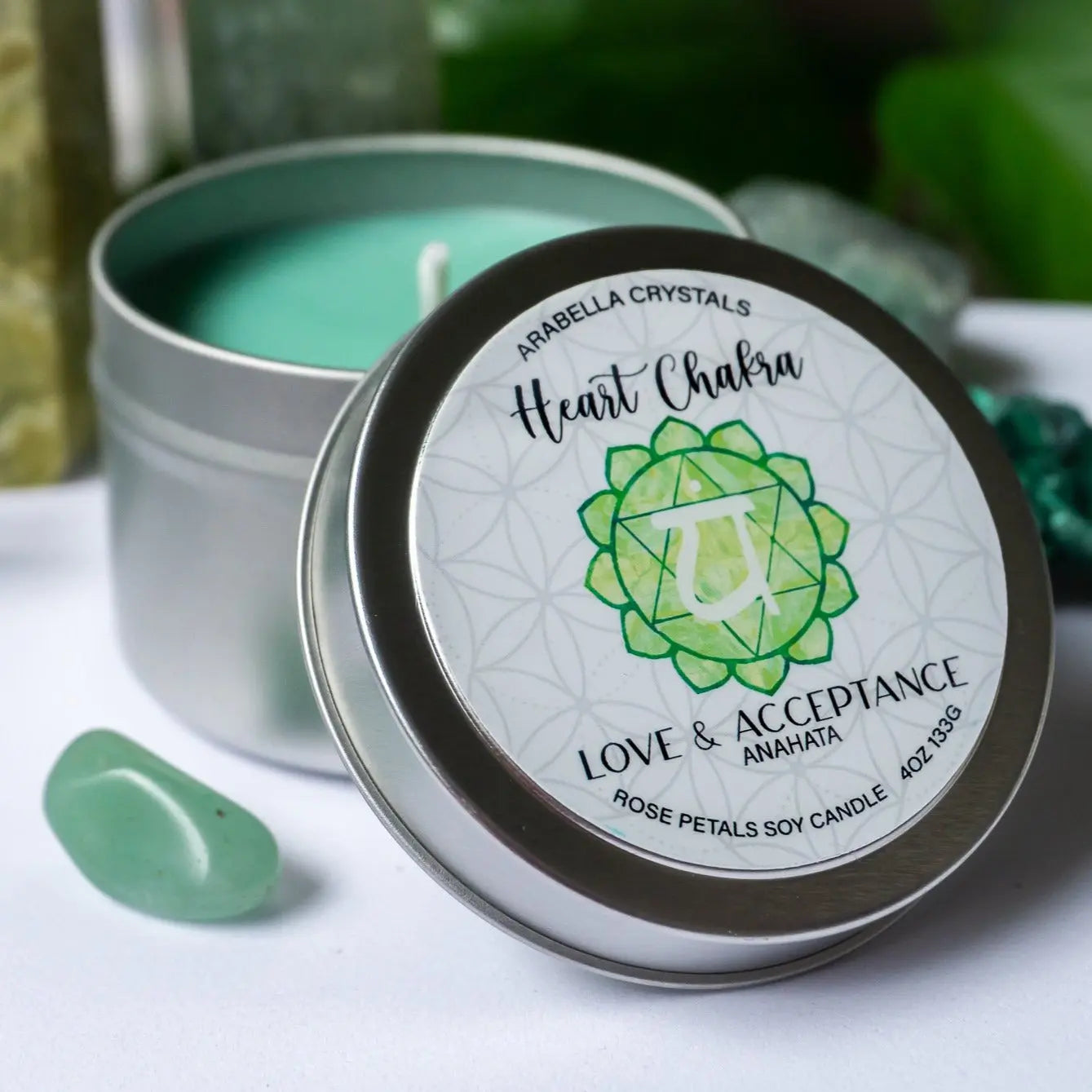 Heart Chakra Candle Tin Notes of: Rose, Green Leaves & Carnation