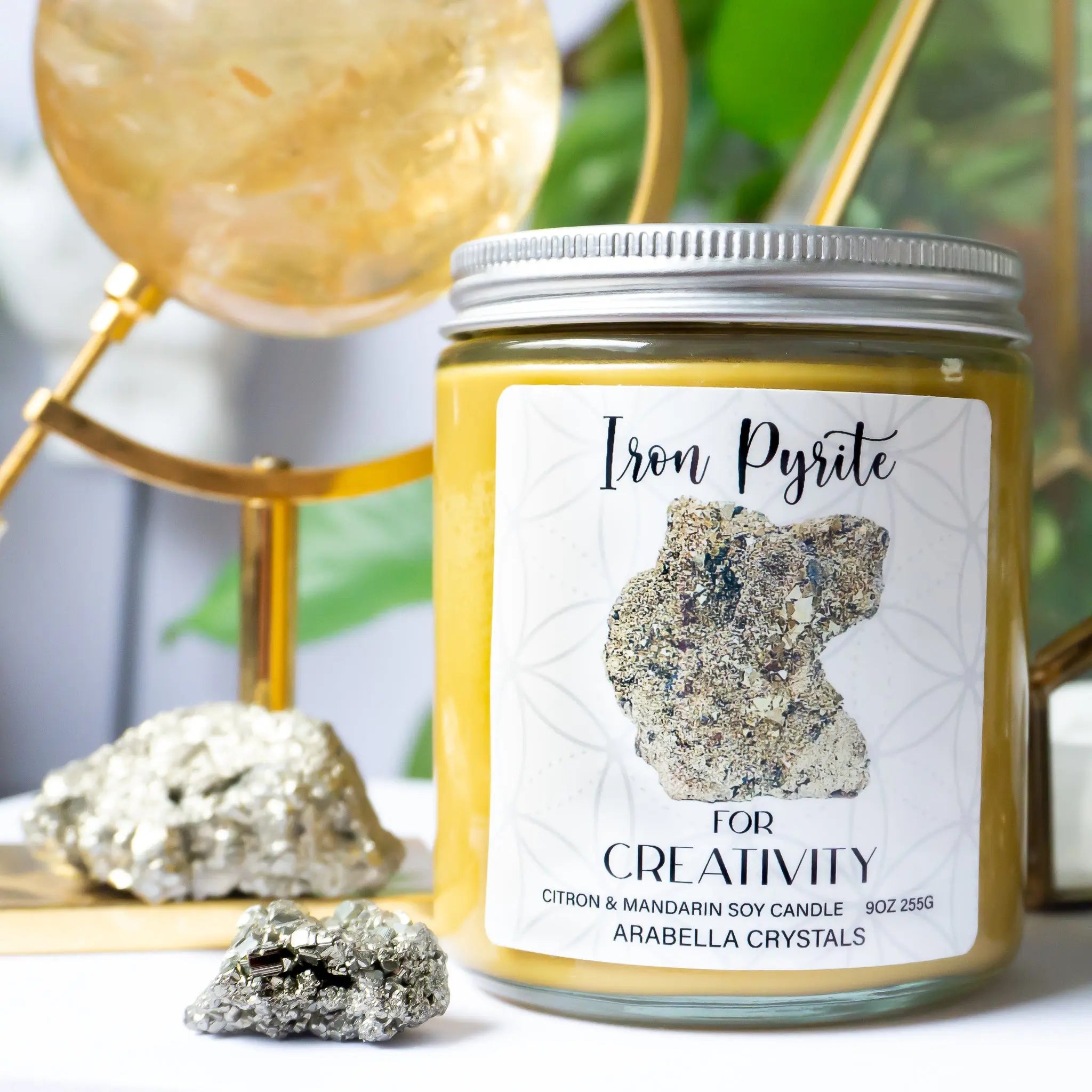 Iron Pyrite Crystal Candle Notes of: Mandarin, Lemon & Peach