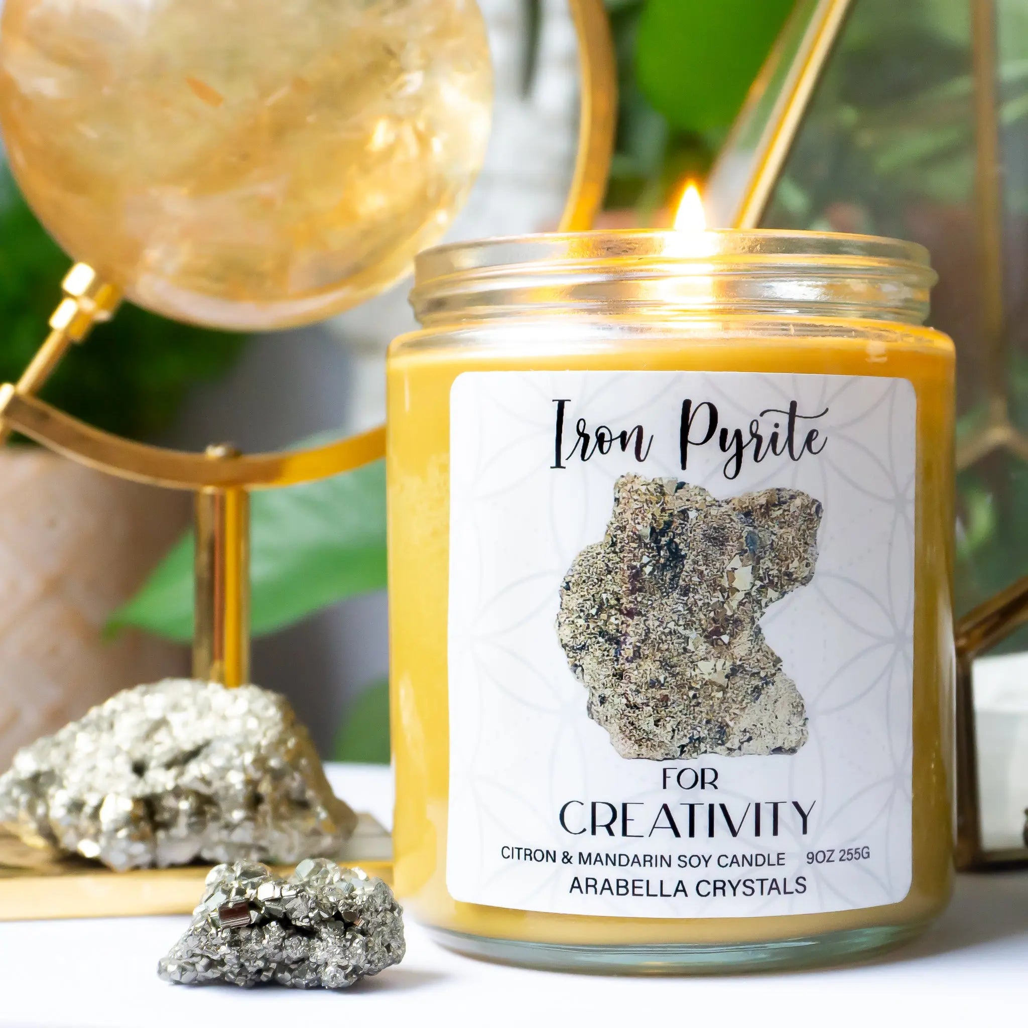 Iron Pyrite Crystal Candle Notes of: Mandarin, Lemon & Peach