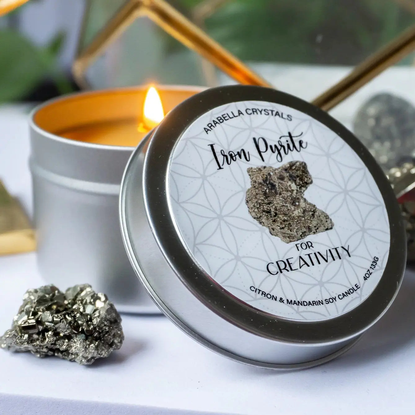 Iron Pyrite Crystal Candle Tin Notes of: Mandarin, Lemon & Peach