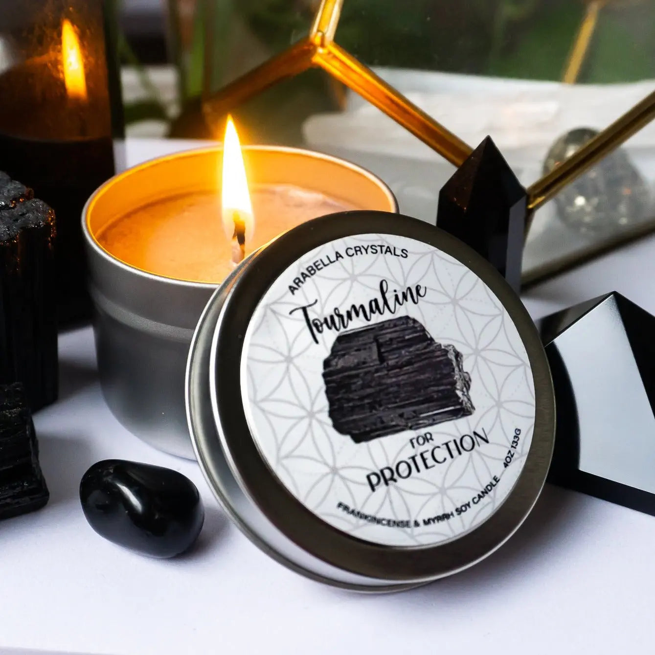 Tourmaline Crystal Candle Tin Notes of: Frankincense, Myrrh & Amber