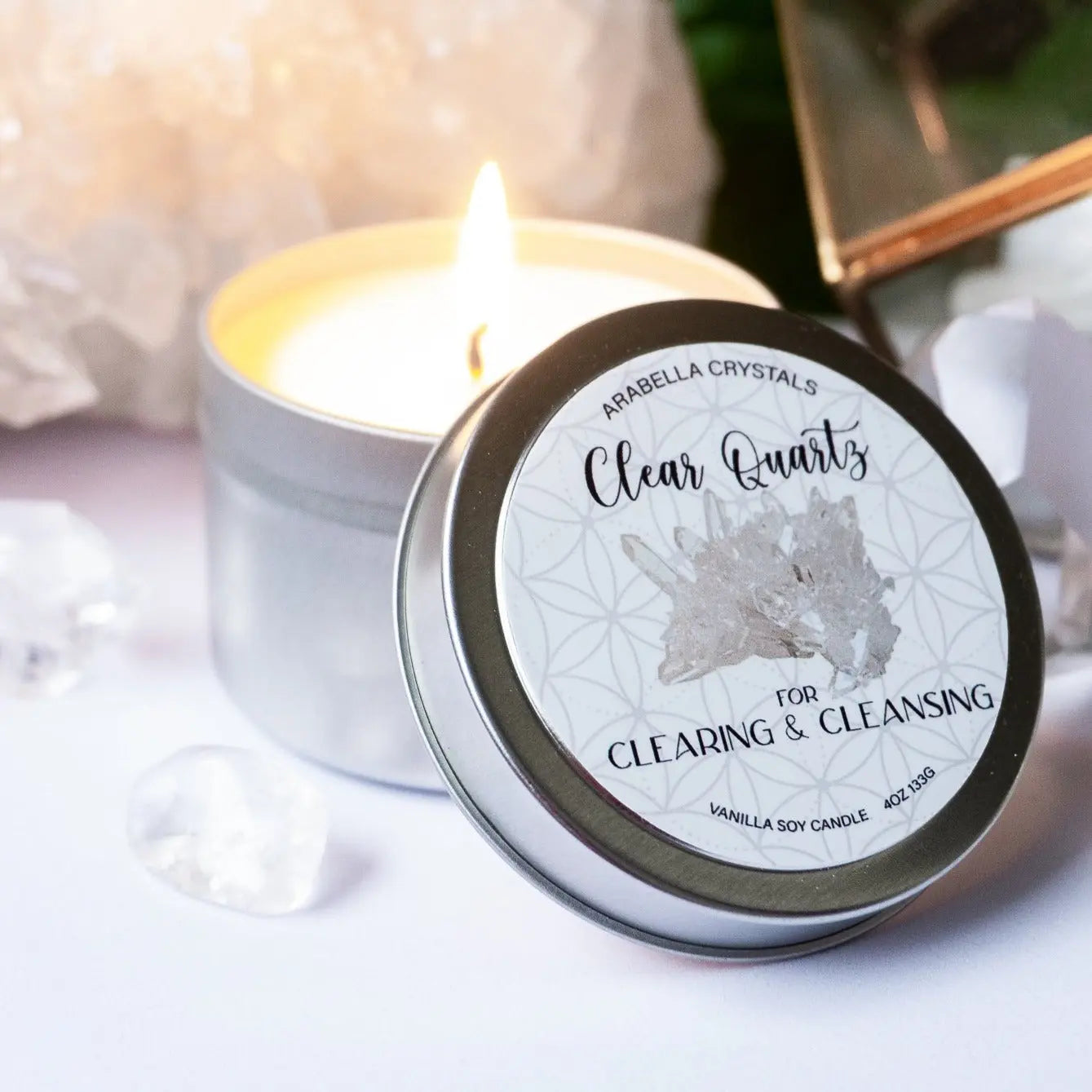 Clear Quartz Crystal Candle Tin Notes of: Buttercream, Vanilla & Sugar