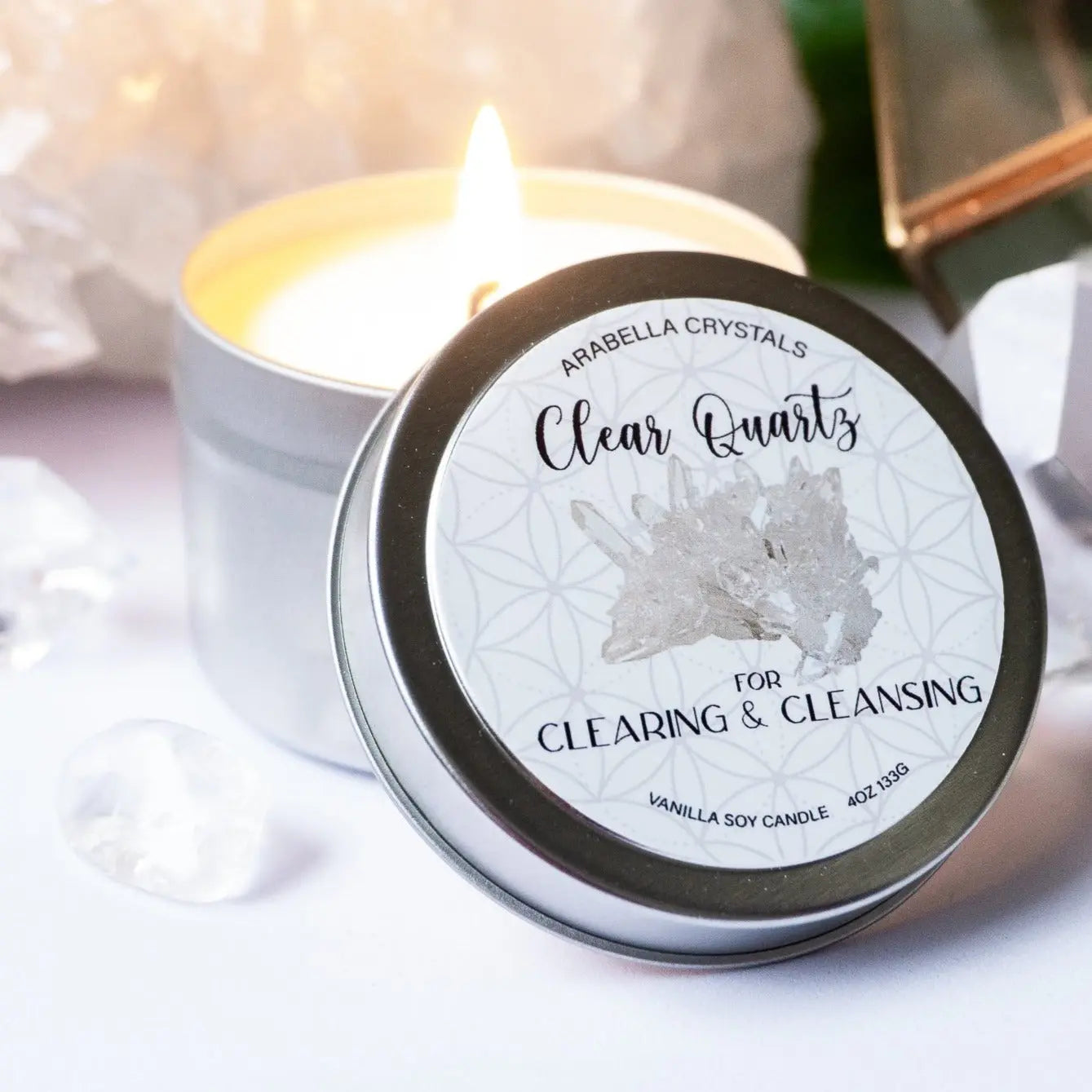 Clear Quartz Crystal Candle Tin Notes of: Buttercream, Vanilla & Sugar