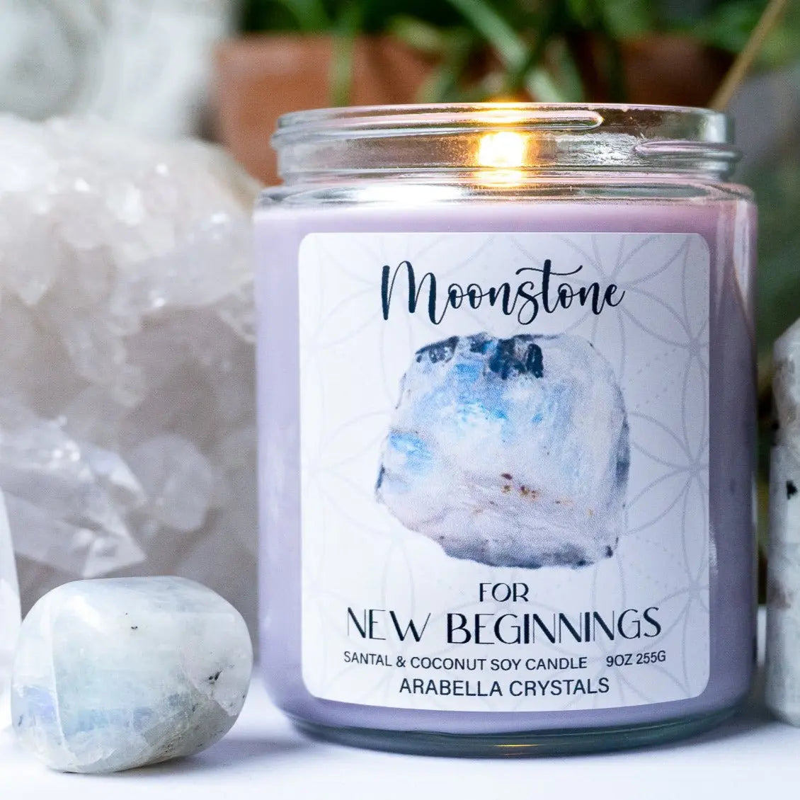Moonstone Crystal Candle Notes of: Toasted Coconut, Sandalwood & Tonka Bean