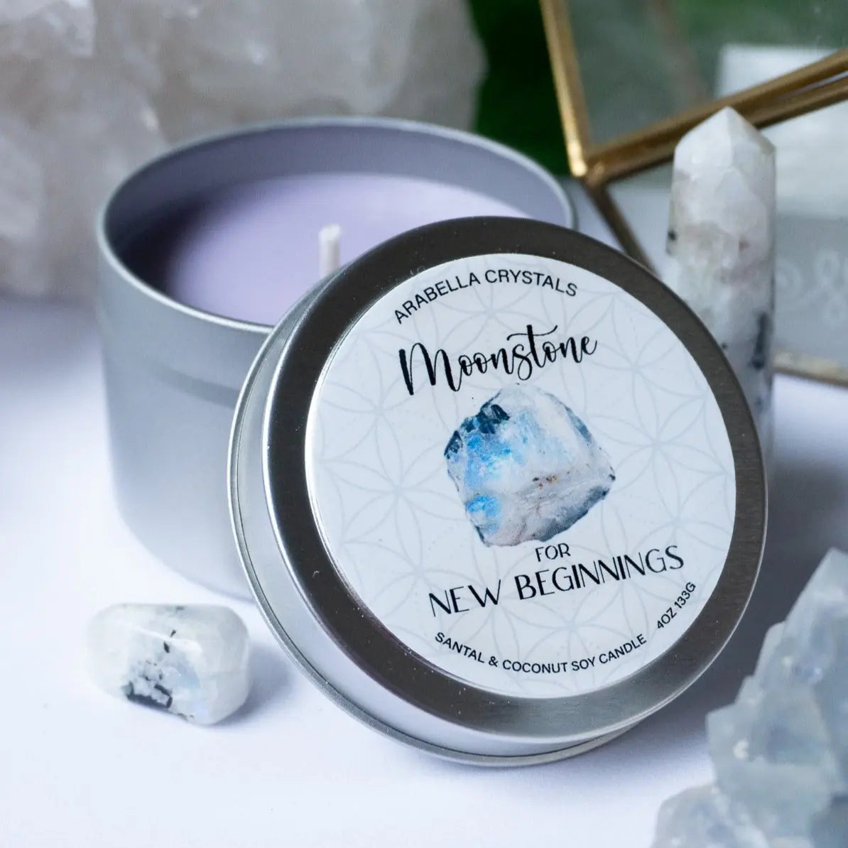 Moonstone Crystal Candle Tin Notes of: Toasted Coconut, Sandalwood & Tonka Bean