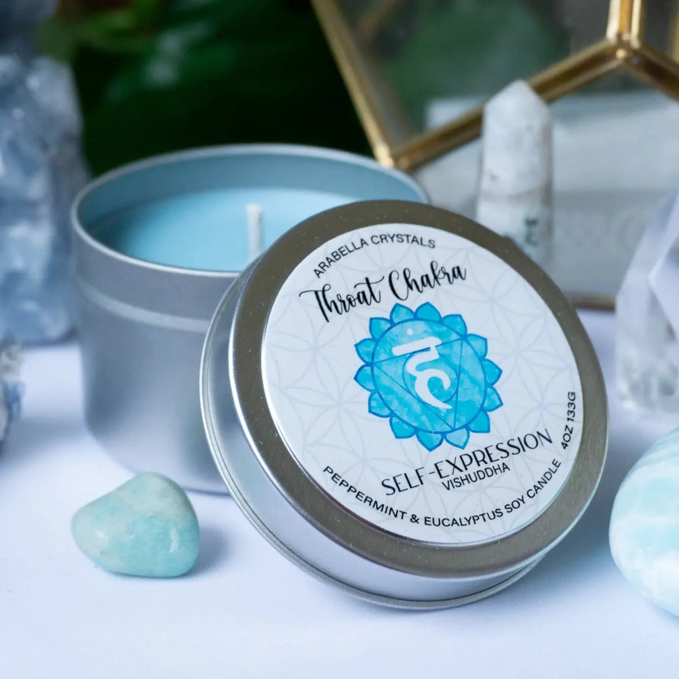 Throat Chakra Candle Tin Notes of: Eucalyptus, Peppermint & Cedarwood