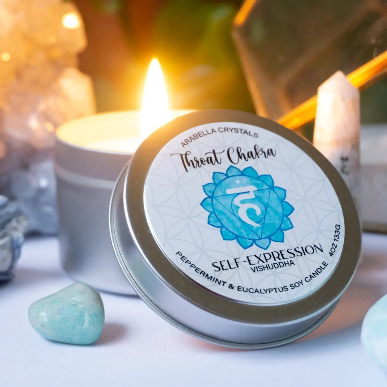 Throat Chakra Candle Tin Notes of: Eucalyptus, Peppermint & Cedarwood