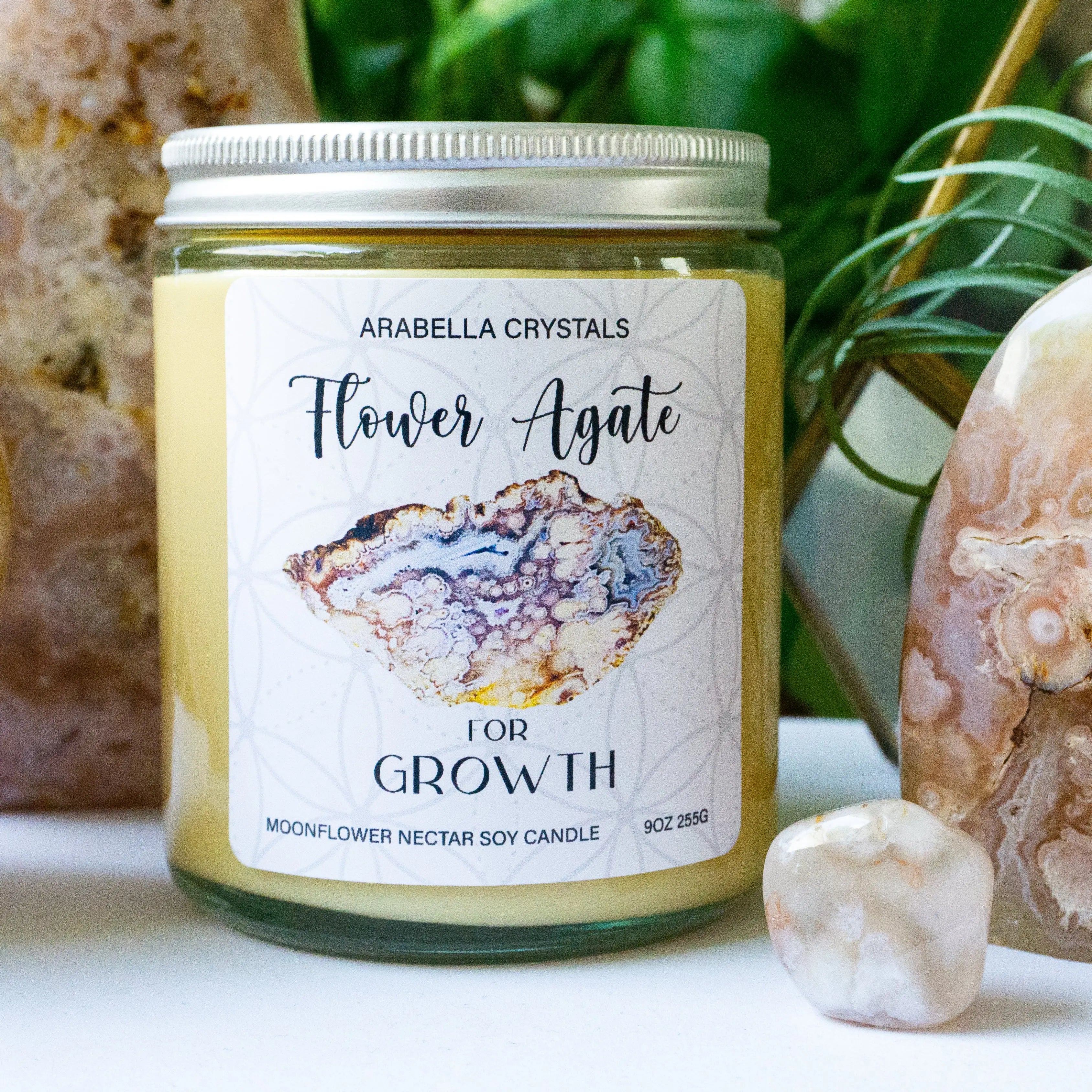 Flower Agate Crystal Candle Notes of: Moonflower, Rose & Dark Musk