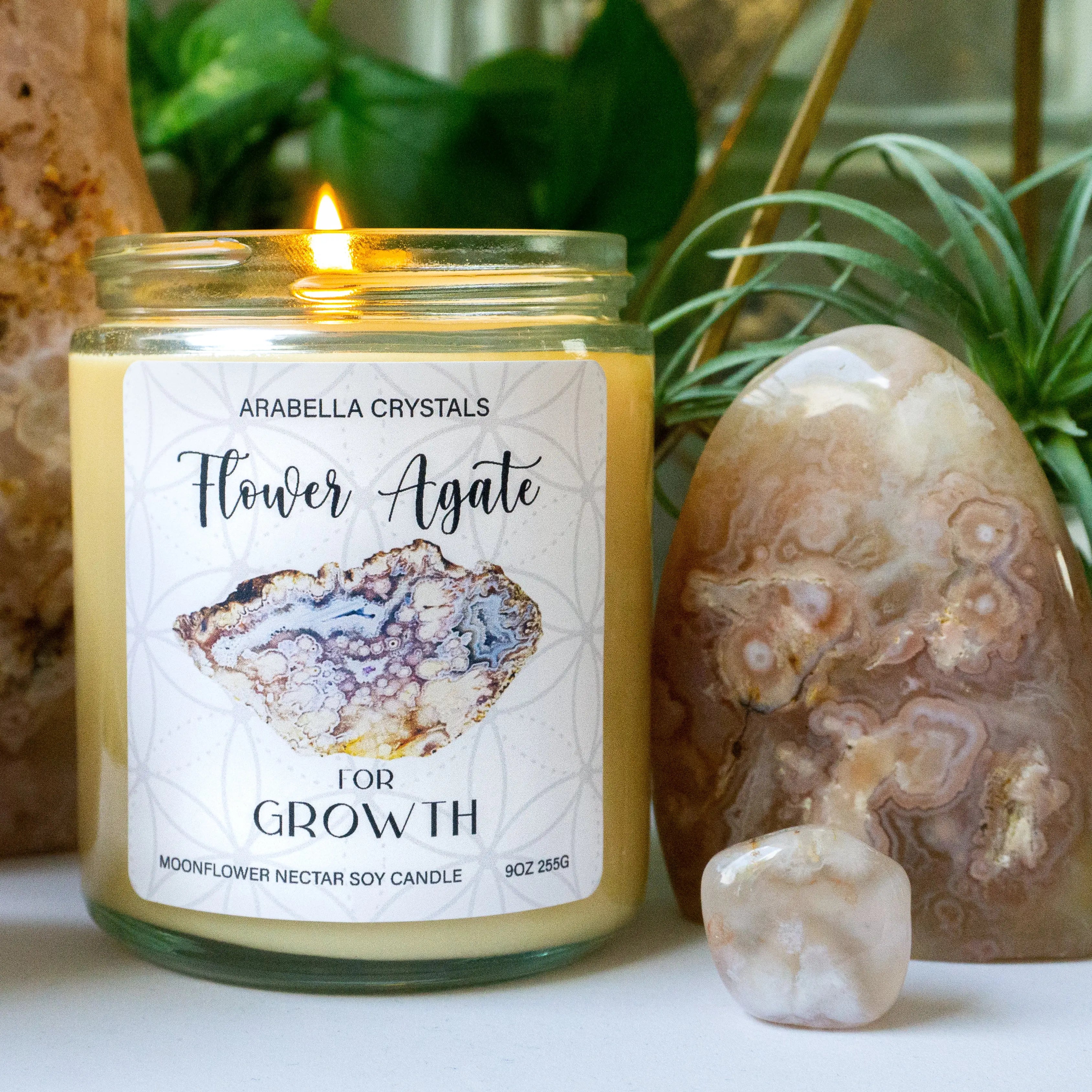 Flower Agate Crystal Candle Notes of: Moonflower, Rose & Dark Musk