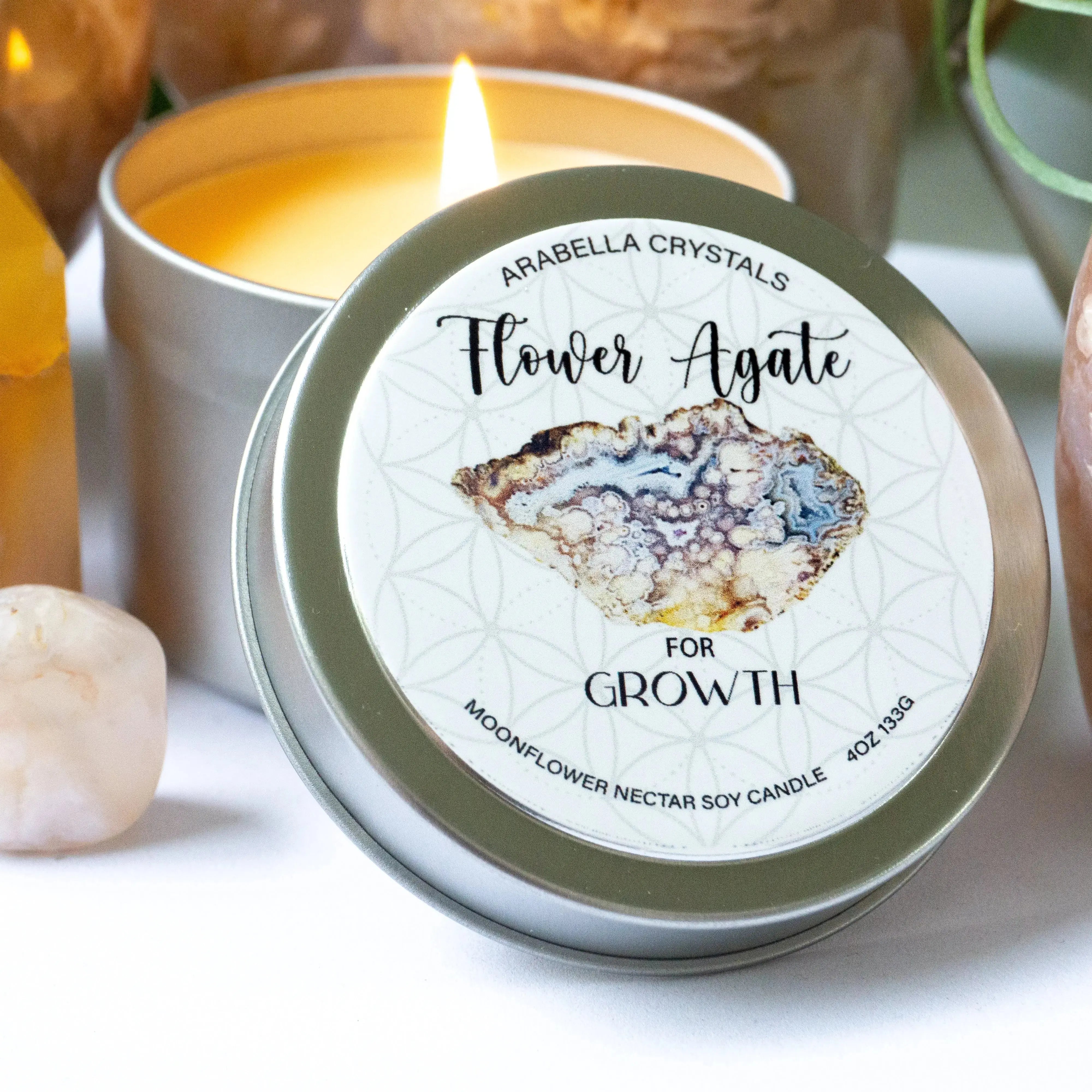 Flower Agate Crystal Candle Tin Notes of: Moonflower, Rose & Dark Musk