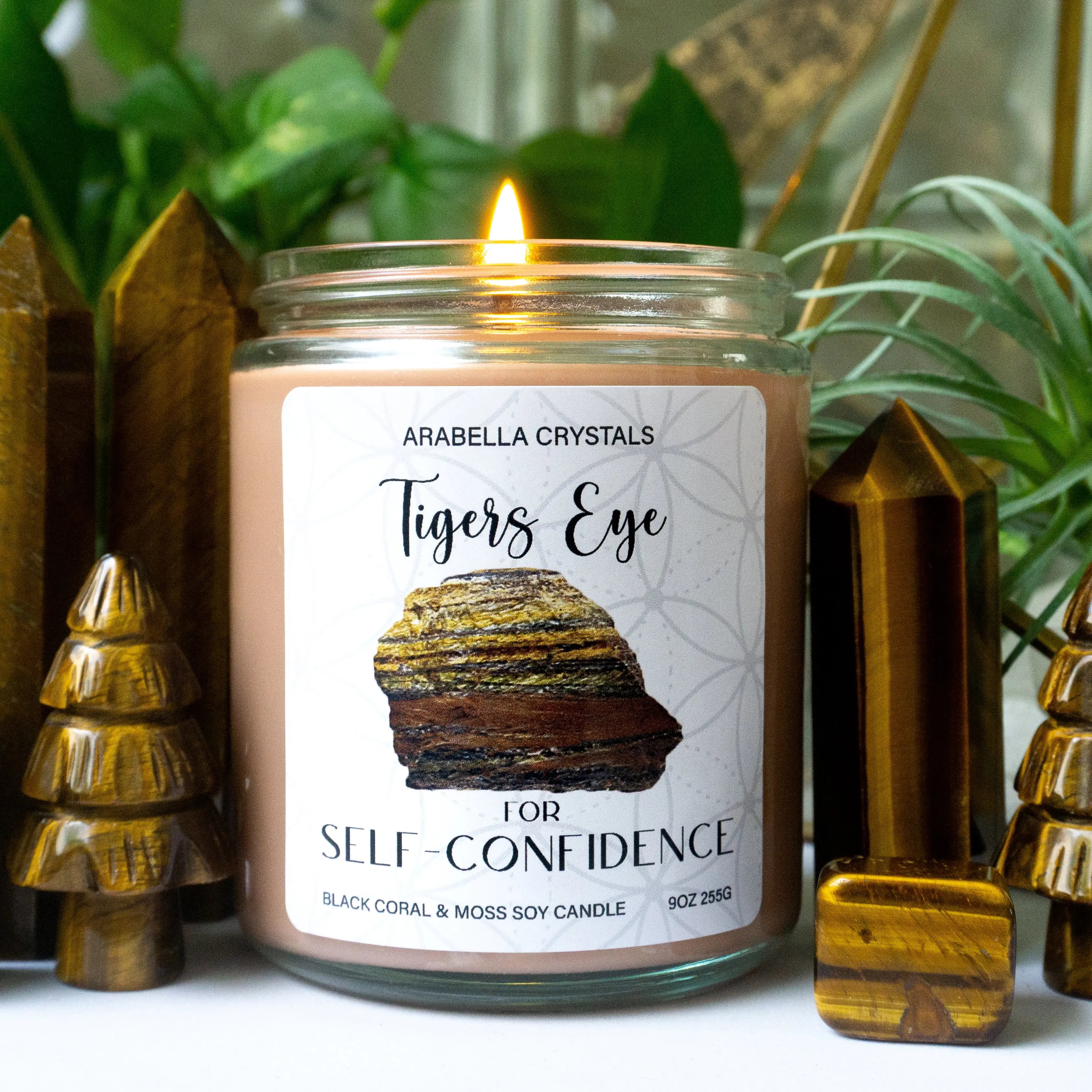 Tigers Eye Crystal Candle Notes of: Camphor, Lavender & Cedar