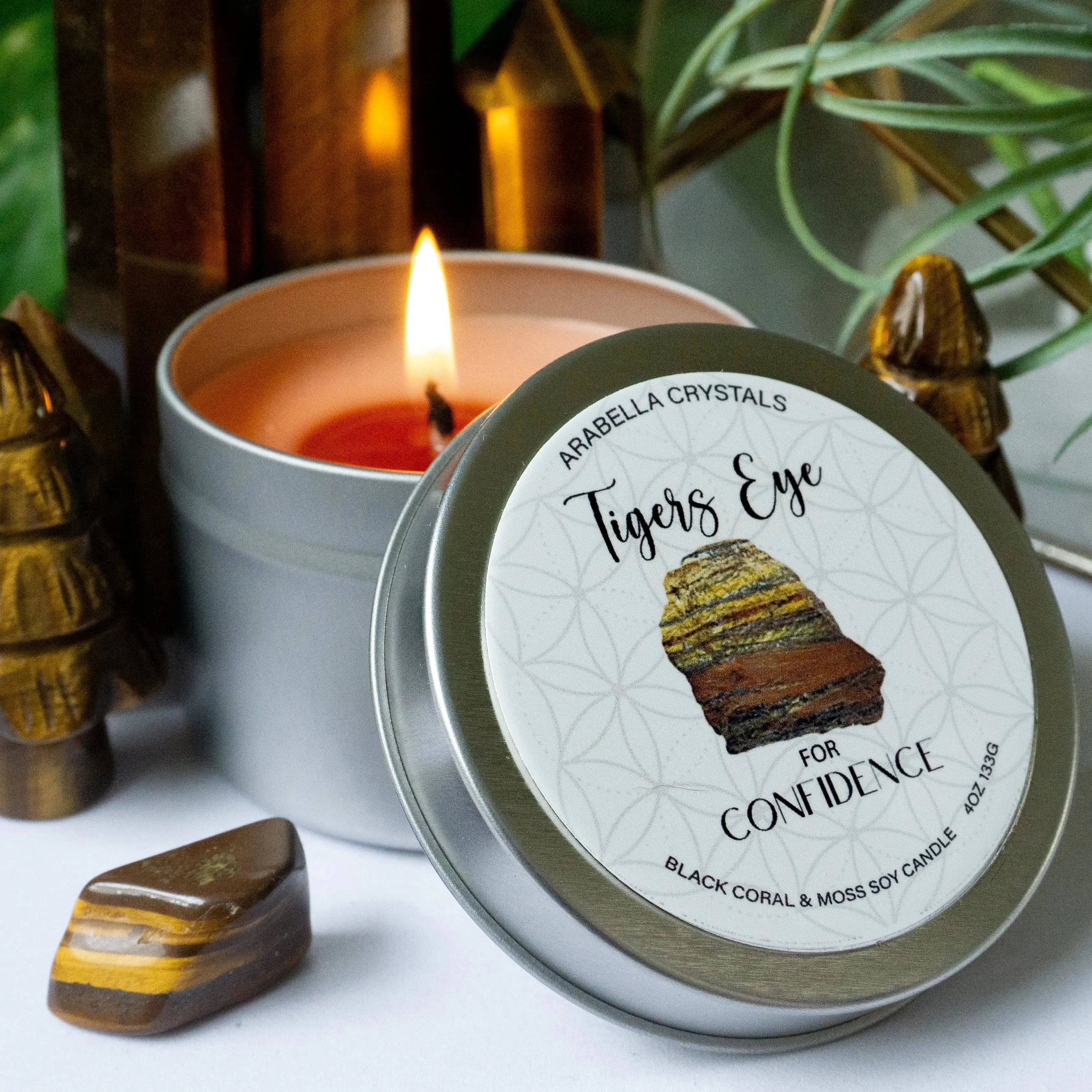 Tigers Eye Crystal Candle Tin Notes of: Camphor, Lavender & Cedar