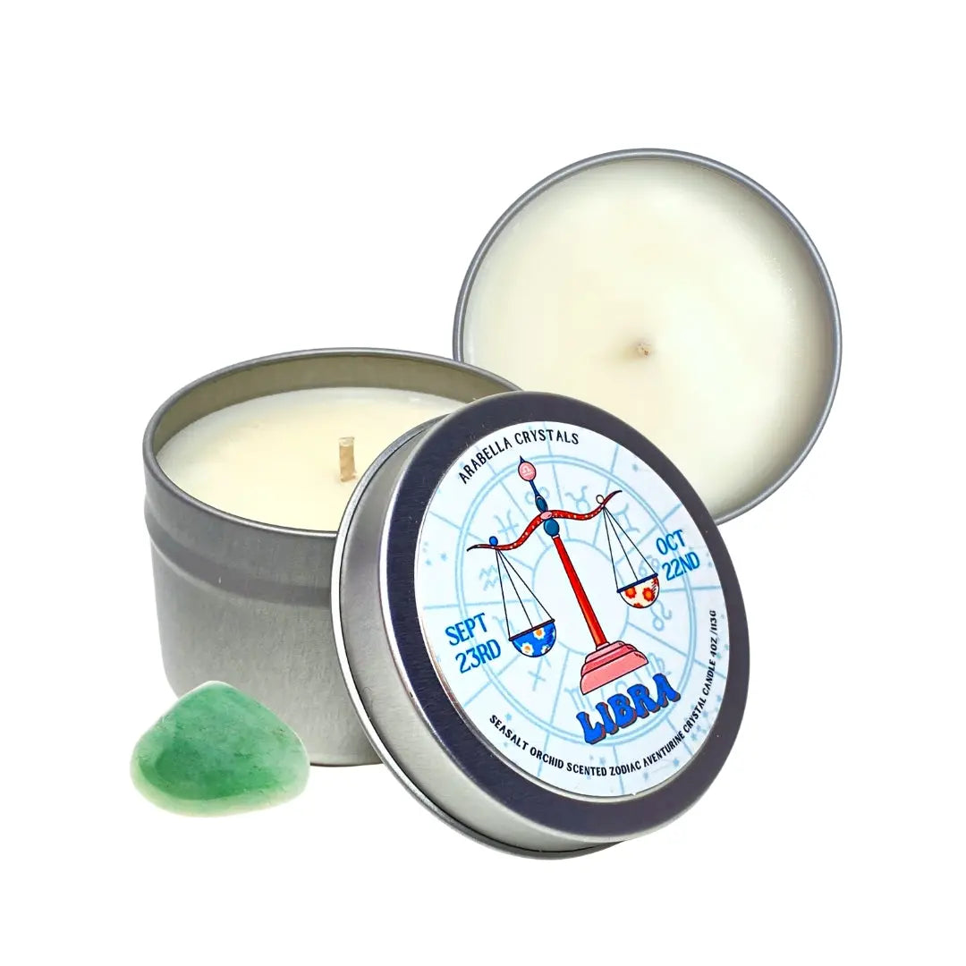 Libra Zodiac Candle Tin Notes of: Seasalt, Orange & Amber