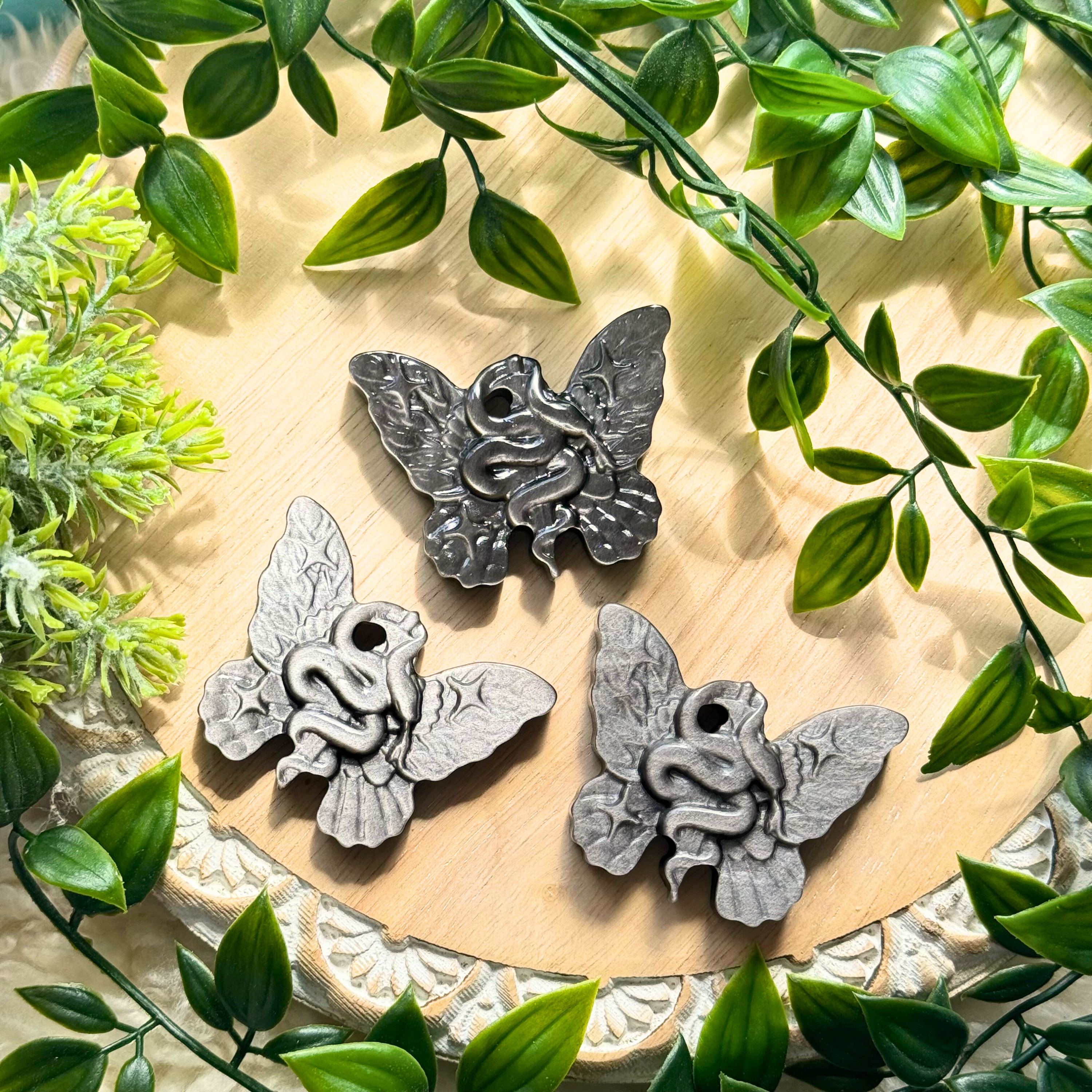 Silver Sheen Obsidian Butterfly Serpent Carving