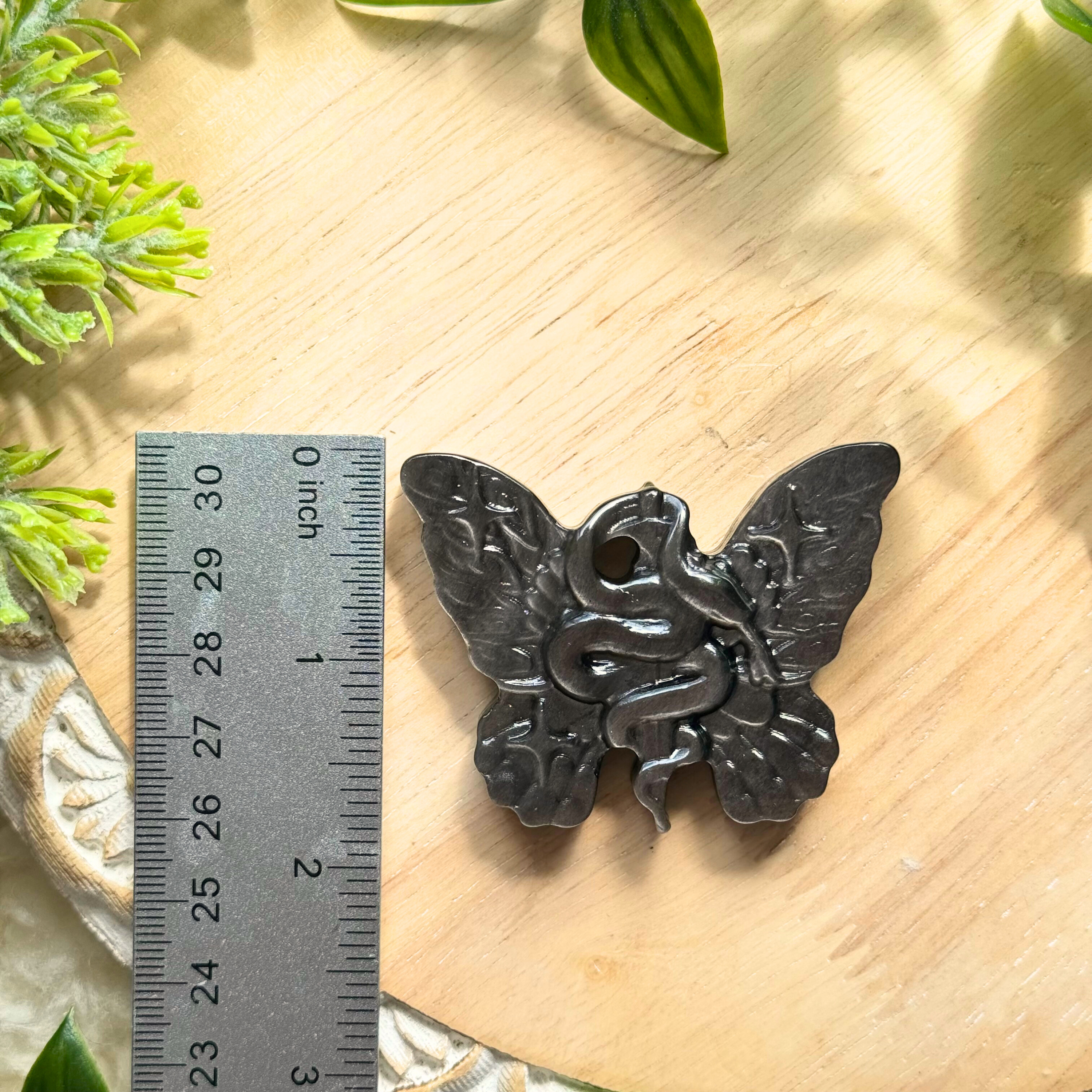Silver Sheen Obsidian Butterfly Serpent Carving