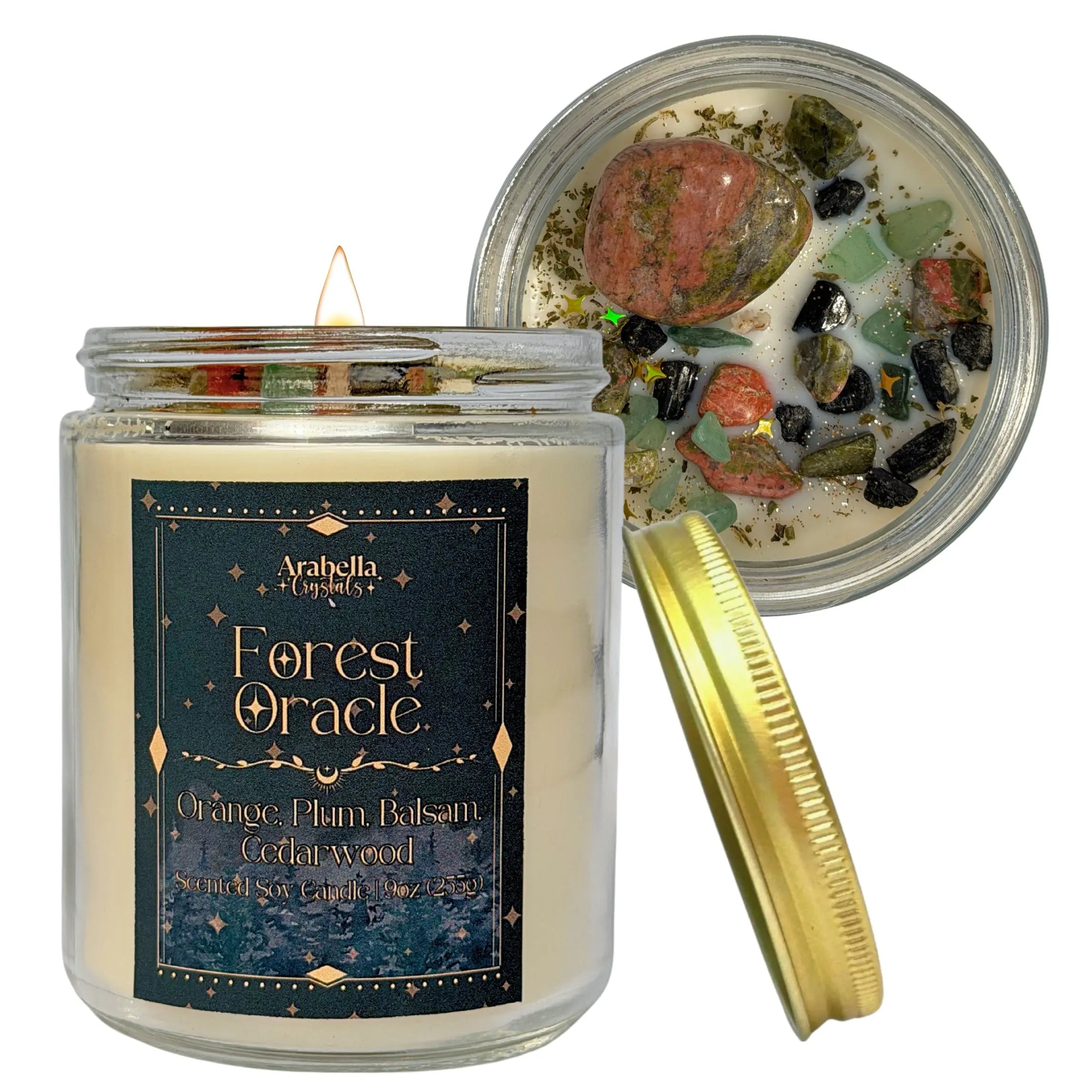 Forest Oracle Crystal Infused Soy Candle Notes of: Orange, Lily and Balsam